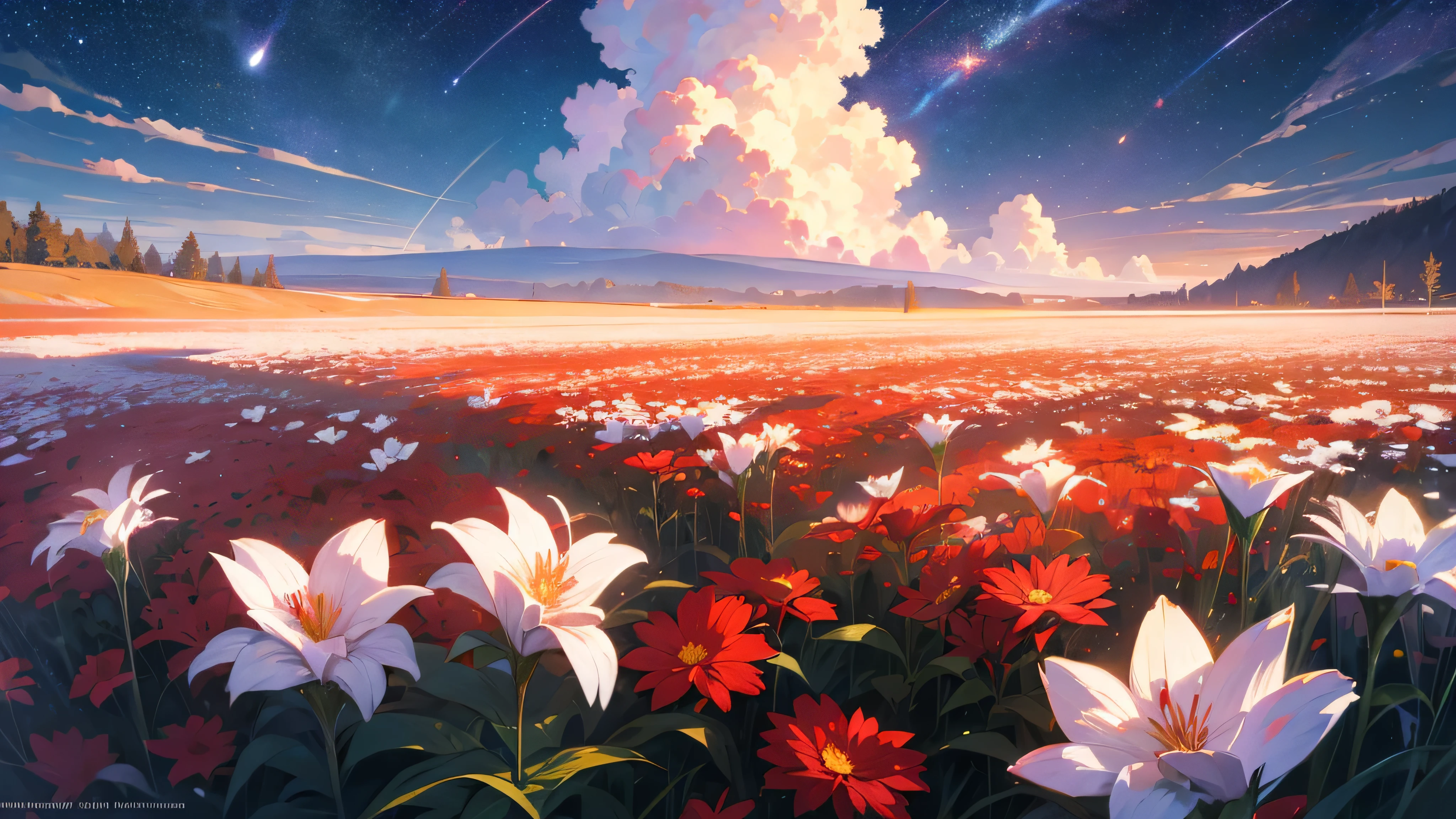 dusk,Sky,universe,flower field,Sea of flowerireworks,Natural light,quiet afternoon,red and white flowerlowers,Various flowers,starry sky ,Sky,clouds