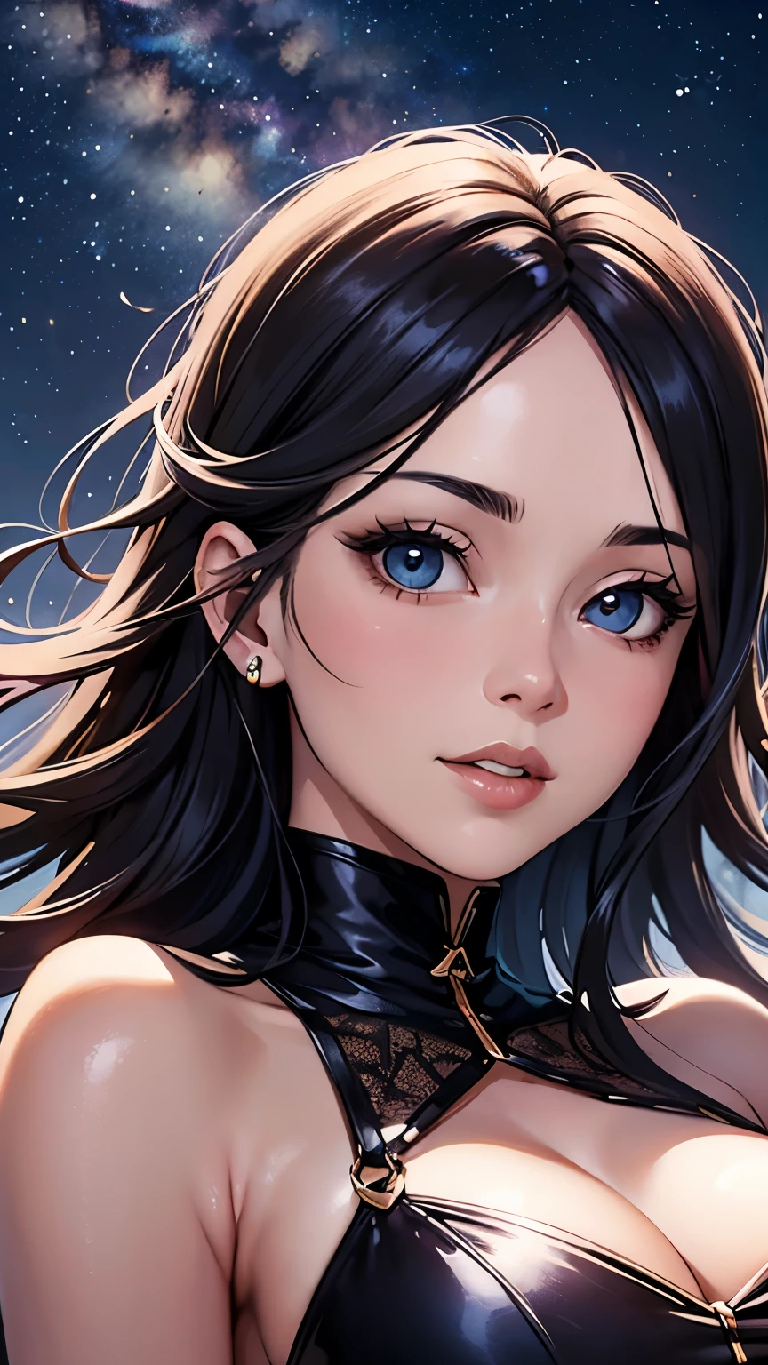 (masterpiece), (best quality), 1girl, (perfect face:1.2), (beautiful face:1.2), black hair, (from below, upper body:1.3), happy, light smile, looking at viewer, pose, see-through, outdooridnight, night sky, milky way), intricate, depth of field, cinematic lighting,