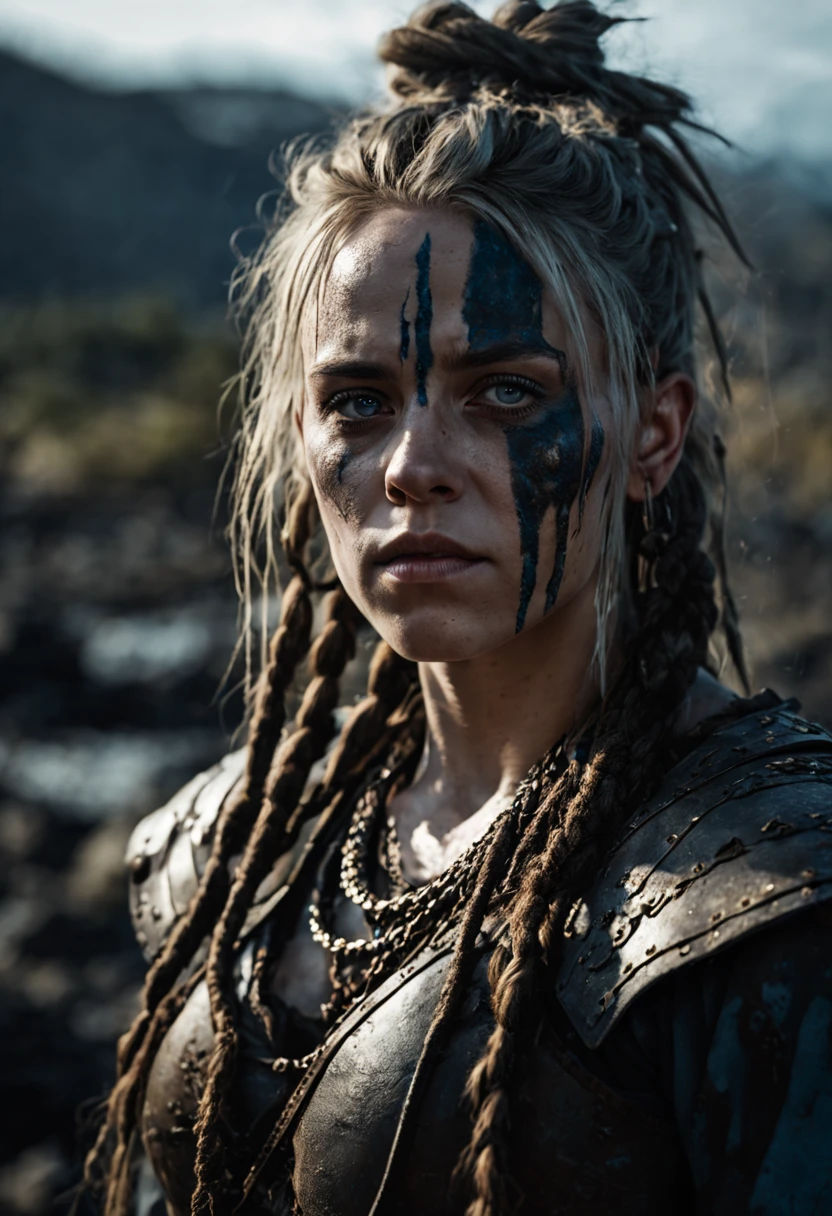 cinematic photo Close-up of (((ohwx woman))) in Hellblade: Senua's Sacrifice, emerging from black mud, long hair with dreads, war blue paint, paint fading, angry expression, dirty face, finely detailed eyes, moody, viking clothes, epic scene, epic composition, Photography, Cinematic Lighting, Volumetric Lighting, ethereal light, intricate details, extremely detailed volumetric rays . 35mm photograph, film, bokeh, professional, 4k, highly detailed
