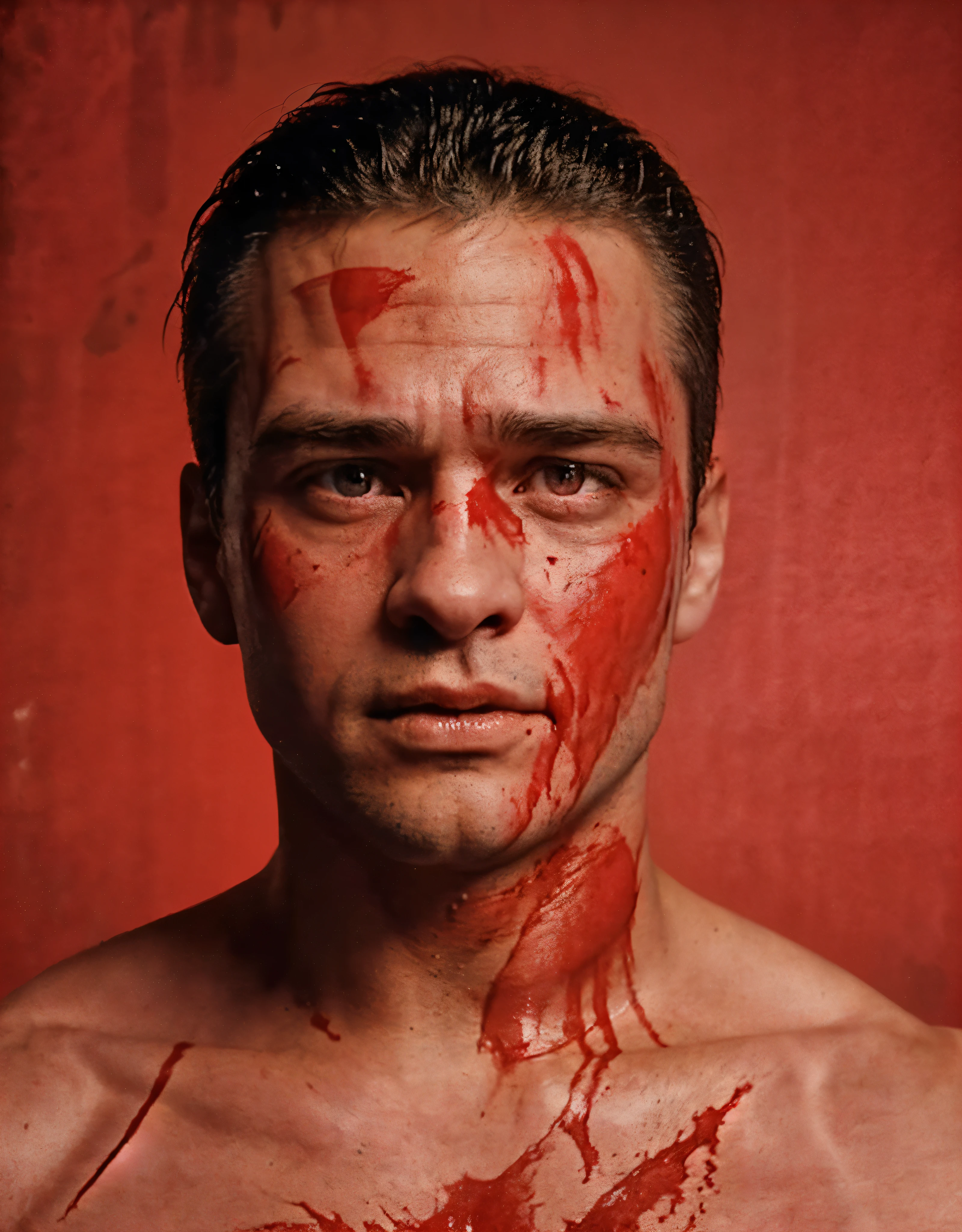 The fight club referee stands in the ring and ((explains the rules)) Fight club, ((red background, poster)), photorealistic, without captions, cuts on the face, face covered in blood