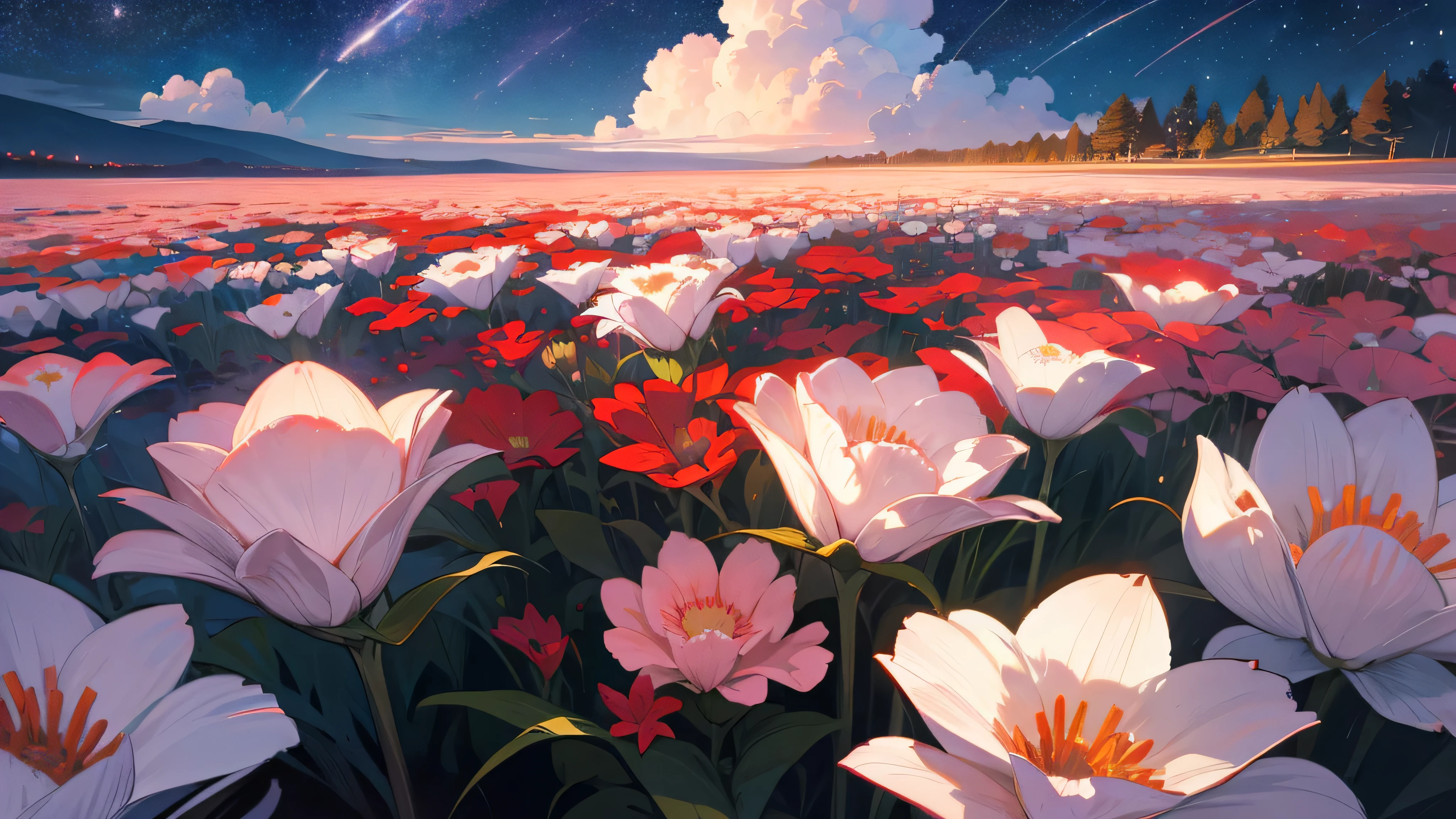 dusk，Sky，universe，flower field，Sea of flowerireworks，Natural light，quiet afternoon，red and white flowerlowers，Various flowers，starry sky ，Sky，cloudlowers are small in size