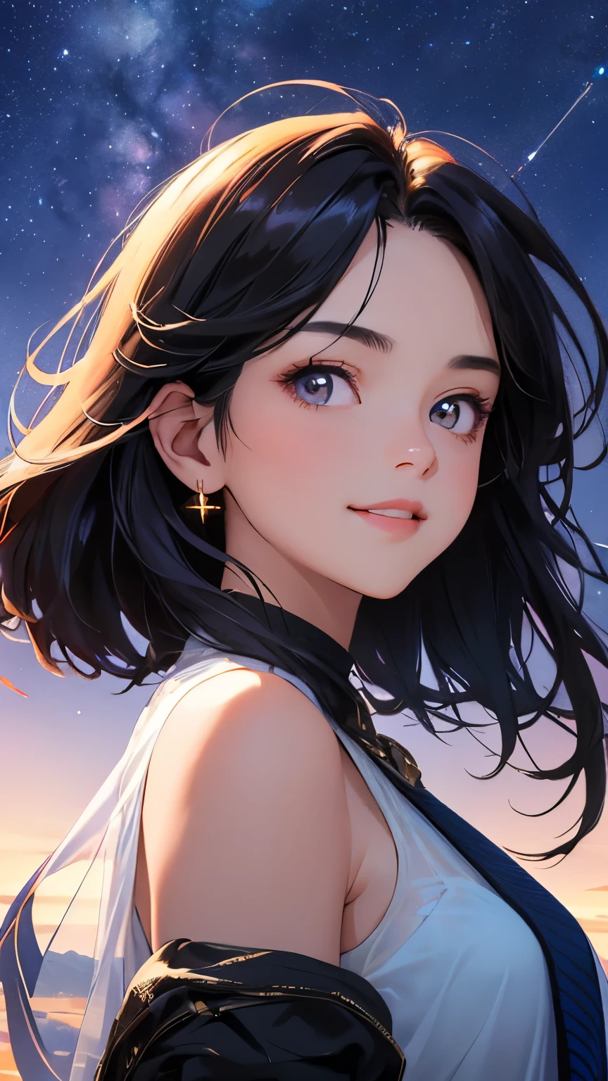 (masterpiece), (best quality), 1girl, (perfect face:1.2), (beautiful face:1.2), black hair, (from below, upper body:1.3), happy, light smile, looking at viewer, pose, see-through, outdooridnight, night sky, milky way), intricate, depth of field, cinematic lighting,