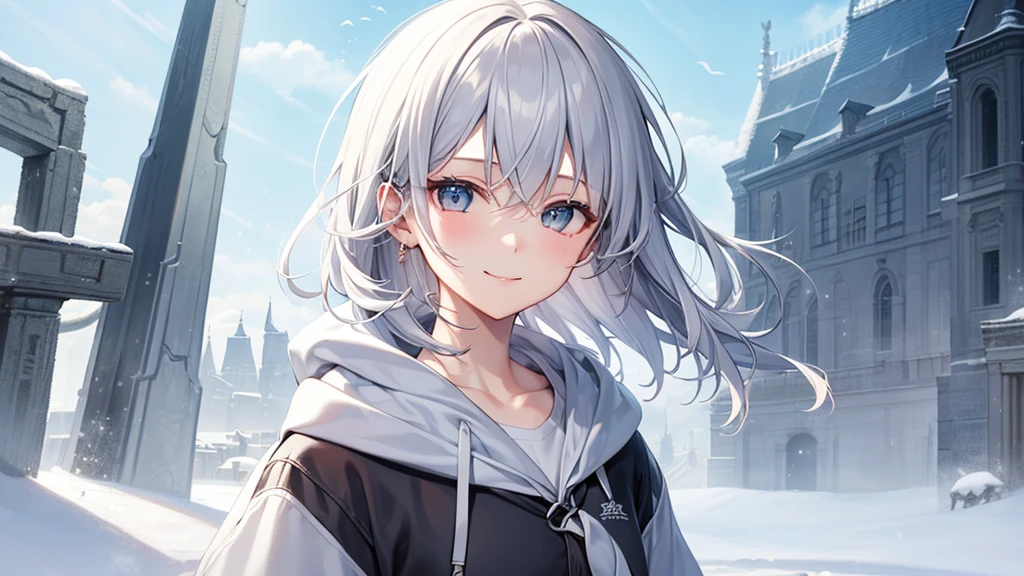 super high quality, girl, 20-year-old, とてもshort hair, long bangs between the eyes, very detailed,(masterpiece、highest quality)、alone、gray hair、White skin as clear as snow、fantasy, silver hair, gray eyes, beautiful eyes,、short hair,blue sky , sunlight,fantasyな風景,smile、white hoodie、Hair flutters
