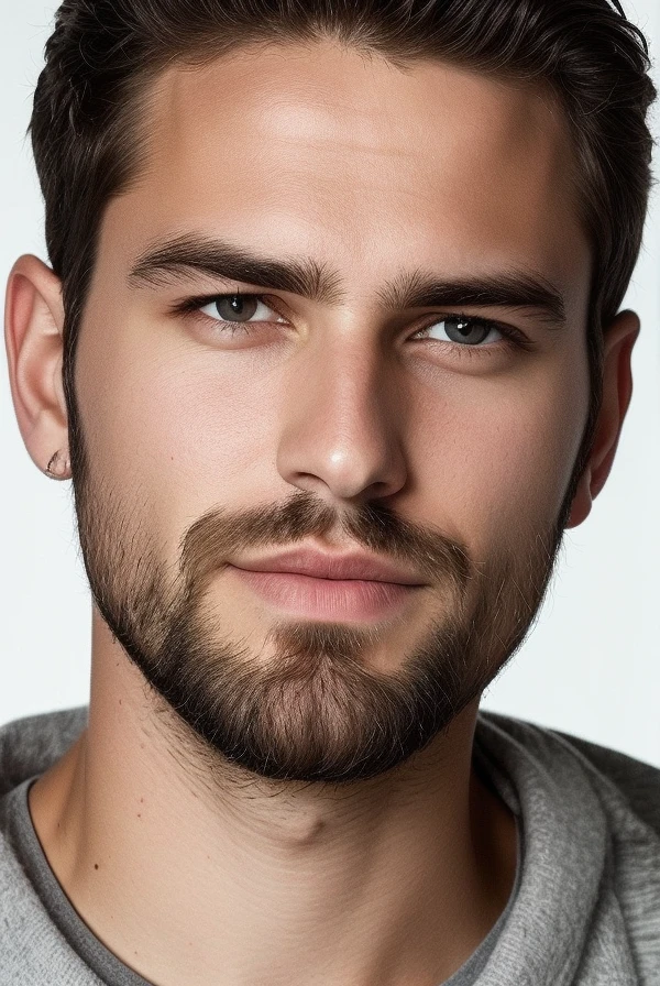 il y a un homme avec une barbe et une chemise grise, barbe fine, barbe de chaume, square male facial features, barbe de chaume, beau visage masculin, portrait, gros plan, de, type, portrait net, blond brown stubble barbe fine, Barbe courte, beau visage attrayant, very attractive man with beard, beautiful detailed face, beau visage parfait, attractive male