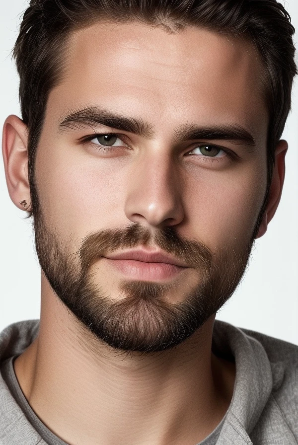 il y a un homme avec une barbe et une chemise grise, barbe fine, barbe de chaume, square male facial features, barbe de chaume, beau visage masculin, portrait, gros plan, de, type, portrait net, blond brown stubble barbe fine, Barbe courte, beau visage attrayant, very attractive man with beard, beautiful detailed face, beau visage parfait, attractive male