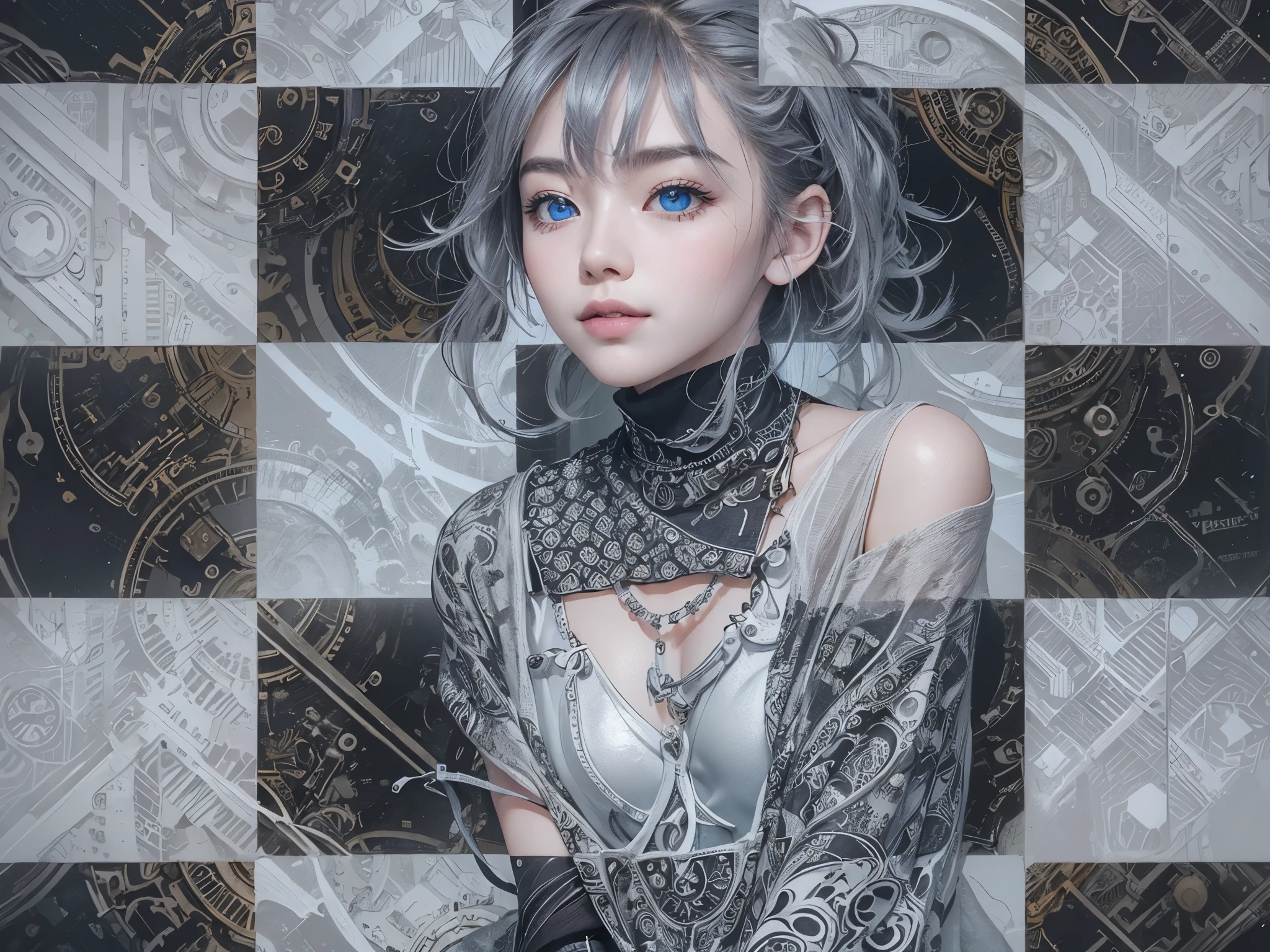 (Realistic:1.8), (Digital art:0.2), (Gear art:1.7),(agpi official art, beautiful and aesthetic, ultra detailed, beautiful, masterpiece, best quality:1.6), (1girl:1.2), Detailed face, Detailed eyes, Detailed hair, young fingers, Detailed fingers, five fingers BREAK cute ig model, Japanese cute model, 22 years old, Tightened all body, small head, small face, small mouth, diamond Face, small nose, Sharp Faceline, (dropy eyes, Double eyelid, Blue eyes, Glossy eyes, Shiny eyes:1.2), Shiny skin, shiny hair, (gray hair:1.2),
_
BREAK (happy, smile, Teeth, Glossy Lip:1.2),beautiful Teeth, (upper body:1.5), sitting, from front,
_
BACKGROUND
(gray urban cityscape with soft lights:1.3), (mist,fog, blurrybackground:1.6), BREAK
POSE
(standing gracefully with arms slightly extended:1.2)BREAK
CAMERA ANGLE
(angled slightly from above, capturing the flowing lines of the poncho:1.2)BREAK
OUTFIT
(fusion of black and white poncho with intricate geometric patterns:1.2), (black skinny jeans:1.1), (ankle boots with subtle pattern details:1.1), (minimalistic silver accessories:1.1)BREAK
