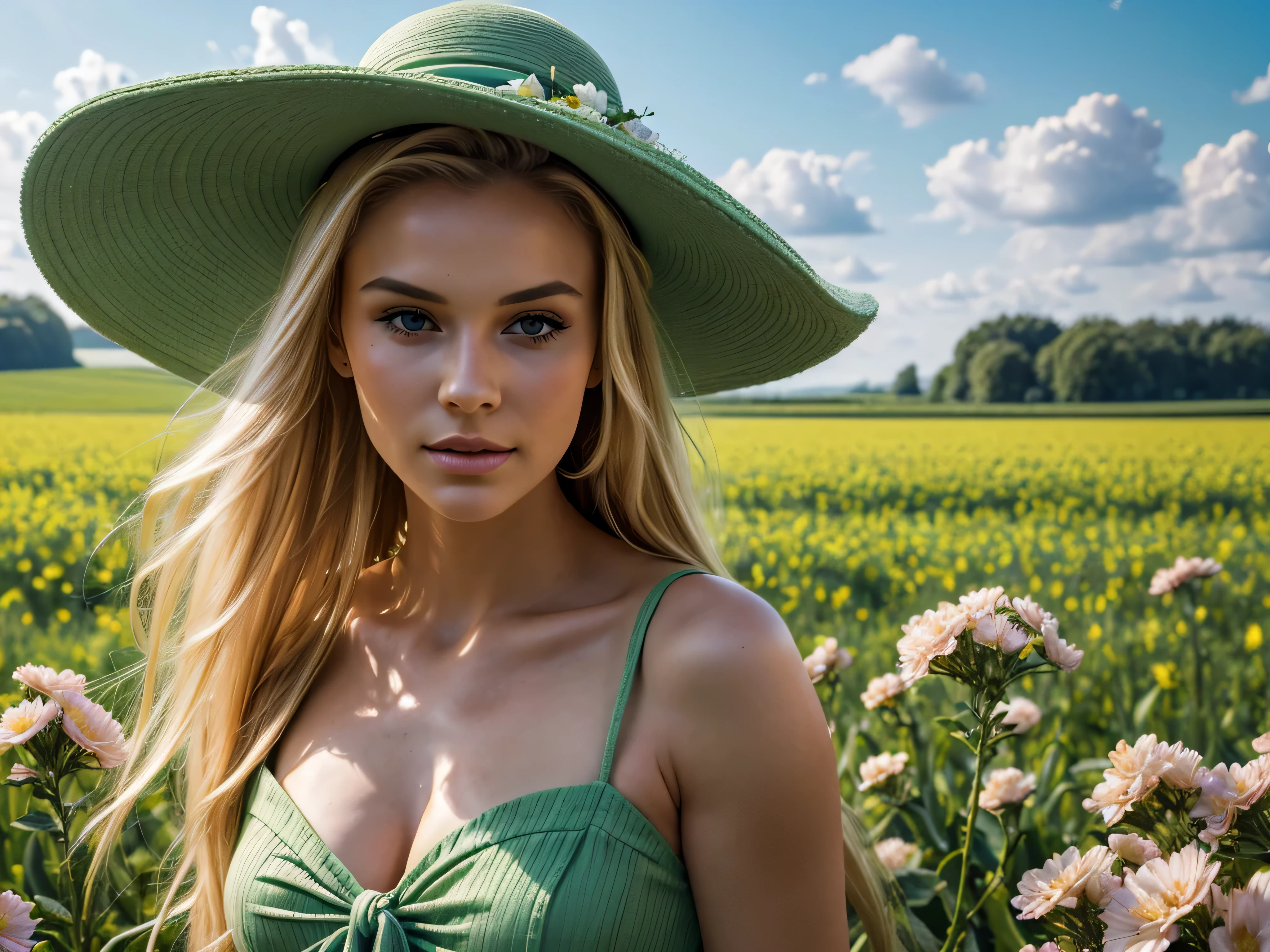 (wide angle, best quality, highres, ultra-detailed), a beautiful blonde woman in a green dress and hat in a flowery field, beautiful maiden, beautiful reality maiden, beautiful reality art portrait, beautiful reality portrait, matte painting portrait shot, reality art portrait, beautiful character painting, reality portrait, reality genre portrait, beautiful portrait image, reality portrait art, princess portrait