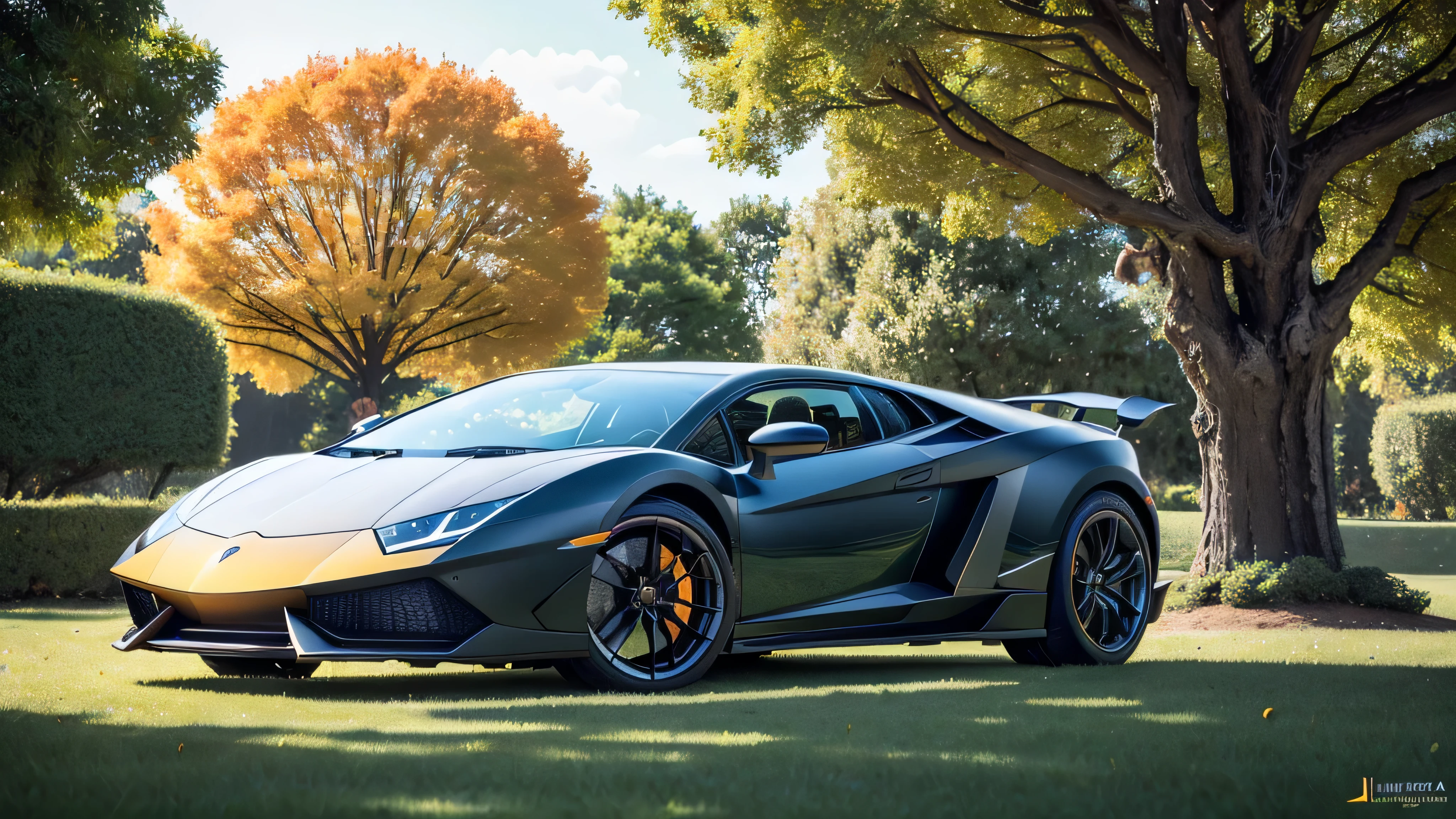 a matte orange-black Lamborghinis stands on green grass, yellow leaves scattered around, Lamborghinis, the sun's rays Fall on the grass,everything sparkles with sparks and lightning and ((("there is a big glass tree"))), crystal tree, sparkling with magical sparks, bright bright sun, good Focus, high texture detail, hyperrealistic image, 8K, F/45 mm, ultra HD 8K