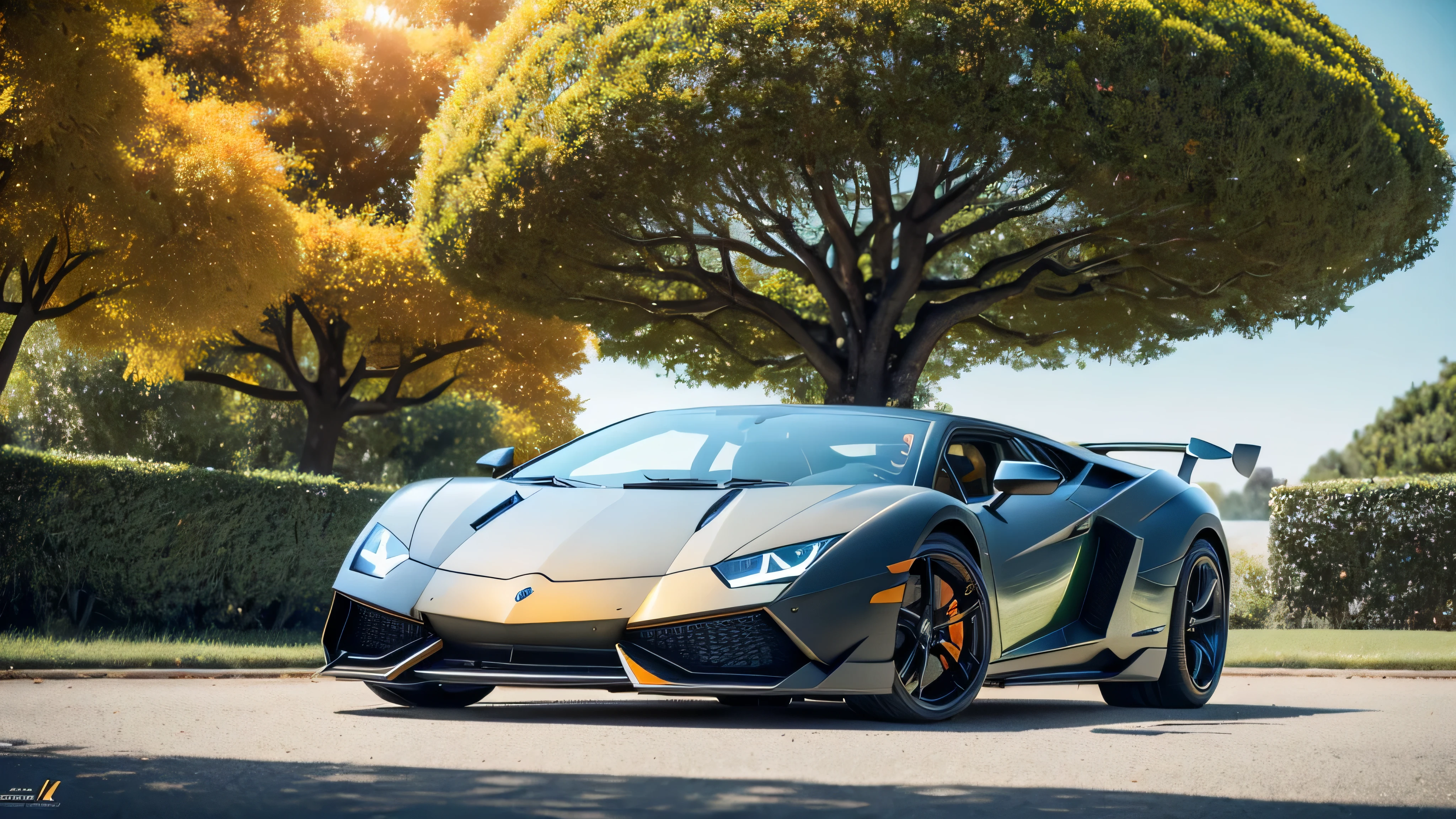 a matte orange-black Lamborghinis stands on green grass, yellow leaves scattered around, Lamborghinis, the sun's rays Fall on the grass,everything sparkles with sparks and lightning and ((("there is a big glass tree"))), crystal tree, sparkling with magical sparks, bright bright sun, good Focus, high texture detail, hyperrealistic image, 8K, F/45 mm, ultra HD 8K