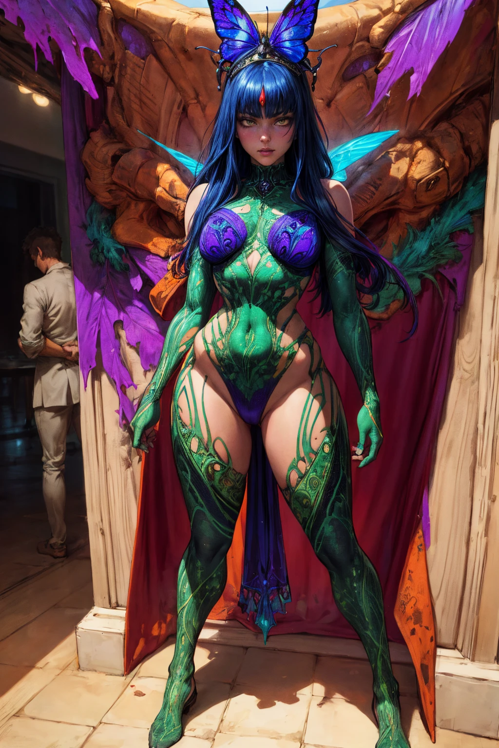 best quality, masterpiece, ultra high res, (photo realistic:1.4), arafed woman, standing, a blue butterfly with a yellow crown on its head, wayne barlowe concept art, insectoid, by Dugald Sutherland MacColl, inspired by Philippe Druillet, by Philippe Druillet, luminescence,highly detailed, she has iridescent membranes, by Roger Dean, mystical insects, wayne barlowe detailed