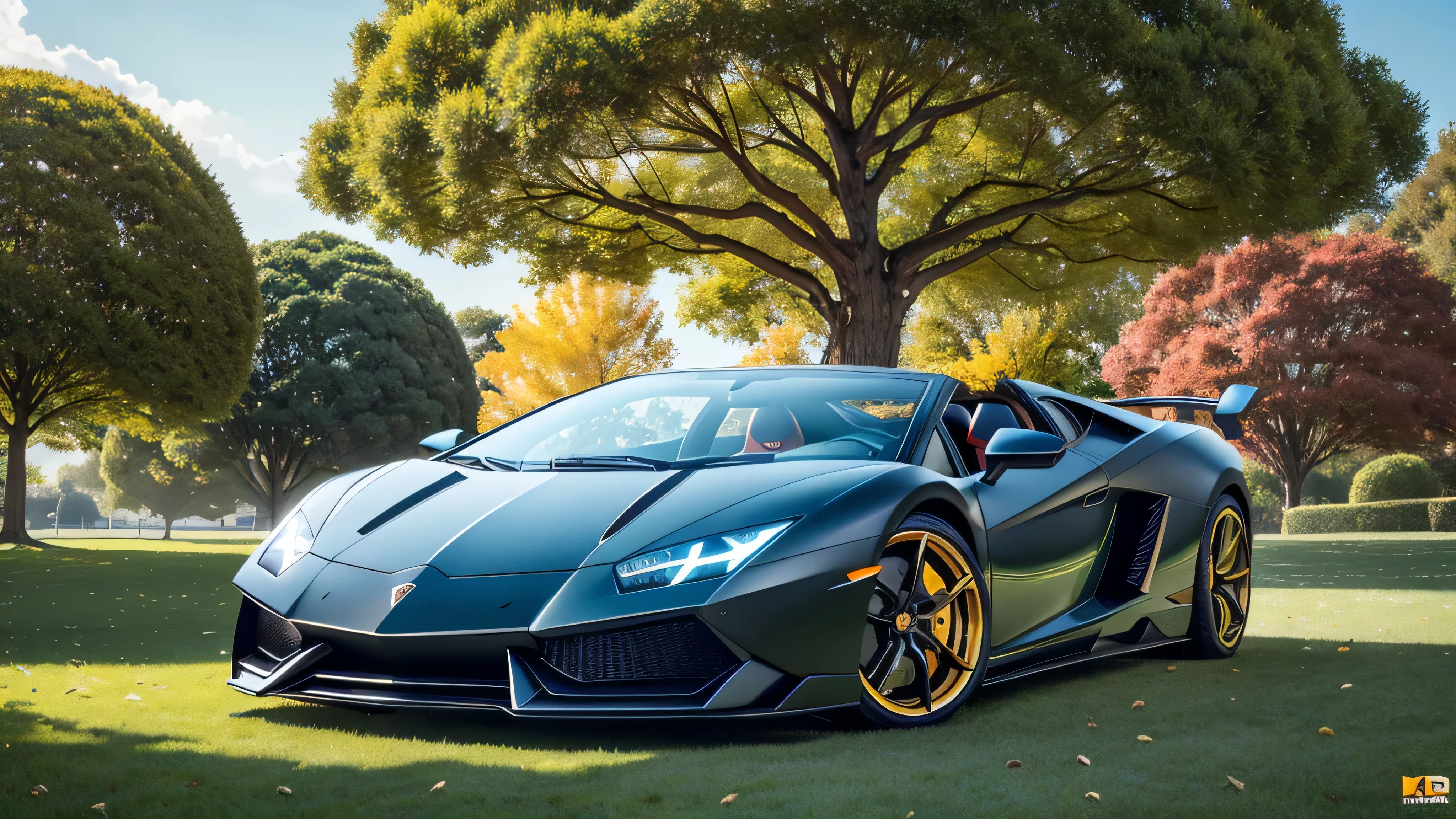 a matte orange-black Lamborghinis stands on green grass, yellow leaves scattered around, Lamborghinis, the sun's rays Fall on the grass,everything sparkles with sparks and lightning and ((("there is a big glass tree"))), crystal tree, sparkling with magical sparks, bright bright sun, good Focus, high texture detail, hyperrealistic image, 8 k, F/45 mm, ultra HD 8K