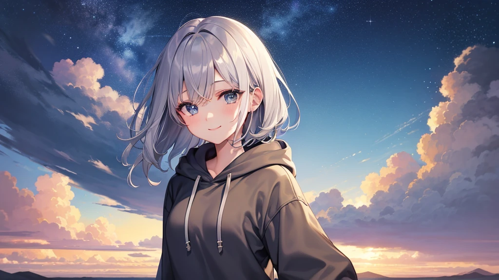 super high quality, girl, 20-year-old, とてもshort hair, long bangs between the eyes, very detailed,(masterpiece、highest quality)、alone、gray hair、starry skies、fantasy, silver hair, gray eyes, beautiful eyes,、short hair,blue sky , sunlight,fantasyな風景,smile、white hoodie