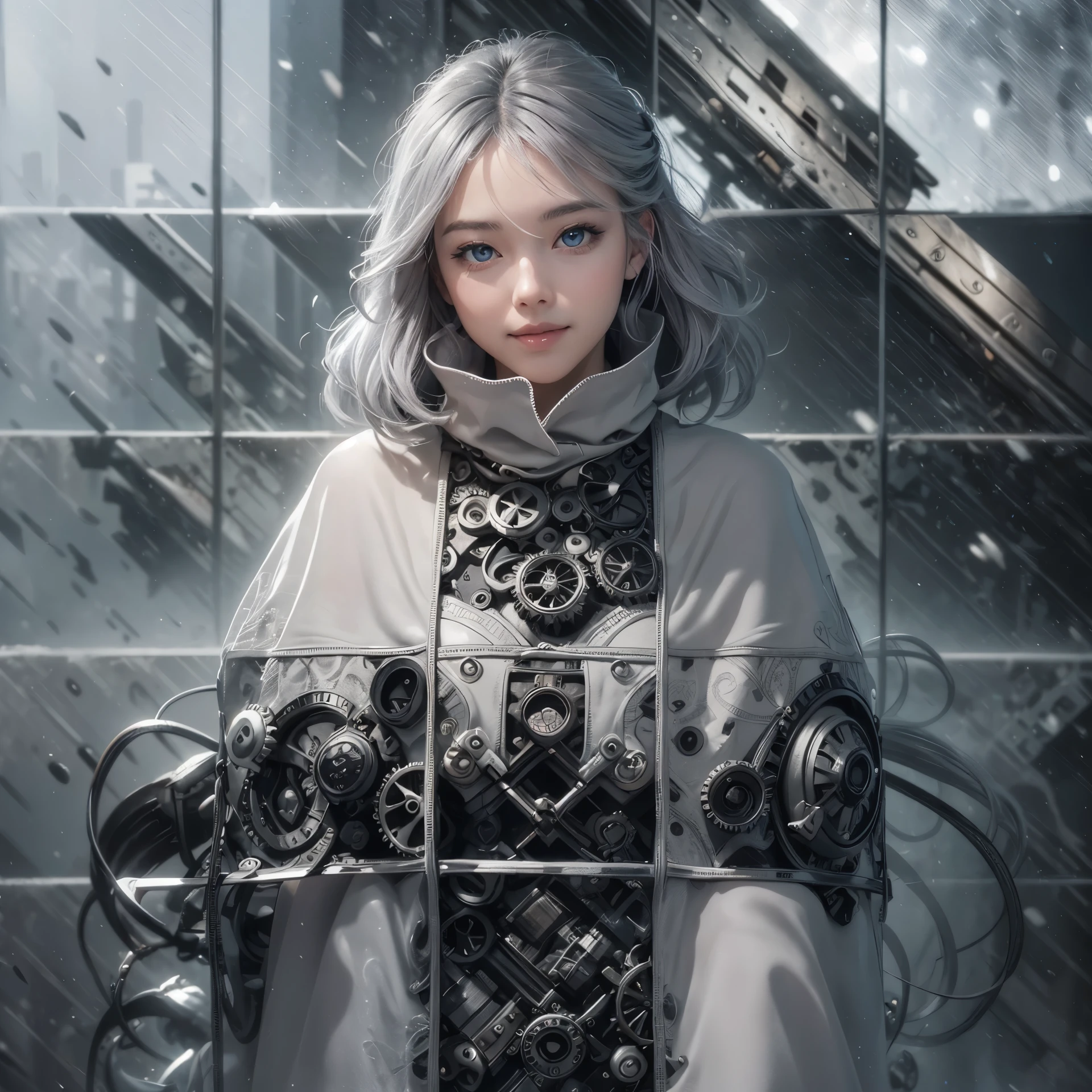 (Realistic:1.8), (Digital art:0.2), (Gear art:1.7),(agpi official art, beautiful and aesthetic, ultra detailed, beautiful, masterpiece, best quality:1.6), (1girl:1.2), Detailed face, Detailed eyes, Detailed hair, young fingers, Detailed fingers, five fingers BREAK cute ig model, Japanese cute model, 22 years old, Tightened all body, small head, small face, small mouth, diamond Face, small nose, Sharp Faceline, (dropy eyes, Double eyelid, Blue eyes, Glossy eyes, Shiny eyes:1.2), Shiny skin, shiny hair, (gray hair:1.2),
_
BREAK (happy, smile, Teeth, Glossy Lip:1.2),beautiful Teeth, (upper body:1.5), sitting, from front,
_
BACKGROUND
(gray urban cityscape with soft lights:1.3), (mist,fog, blurrybackground:1.6), BREAK

POSE
(standing gracefully with arms slightly extended:1.2)BREAK

CAMERA ANGLE
(angled slightly from above, capturing the flowing lines of the poncho:1.2)BREAK

OUTFIT
(fusion of black and white poncho with intricate geometric patterns:1.2), (black skinny jeans:1.1), (ankle boots with subtle pattern details:1.1), (minimalistic silver accessories:1.1)BREAK