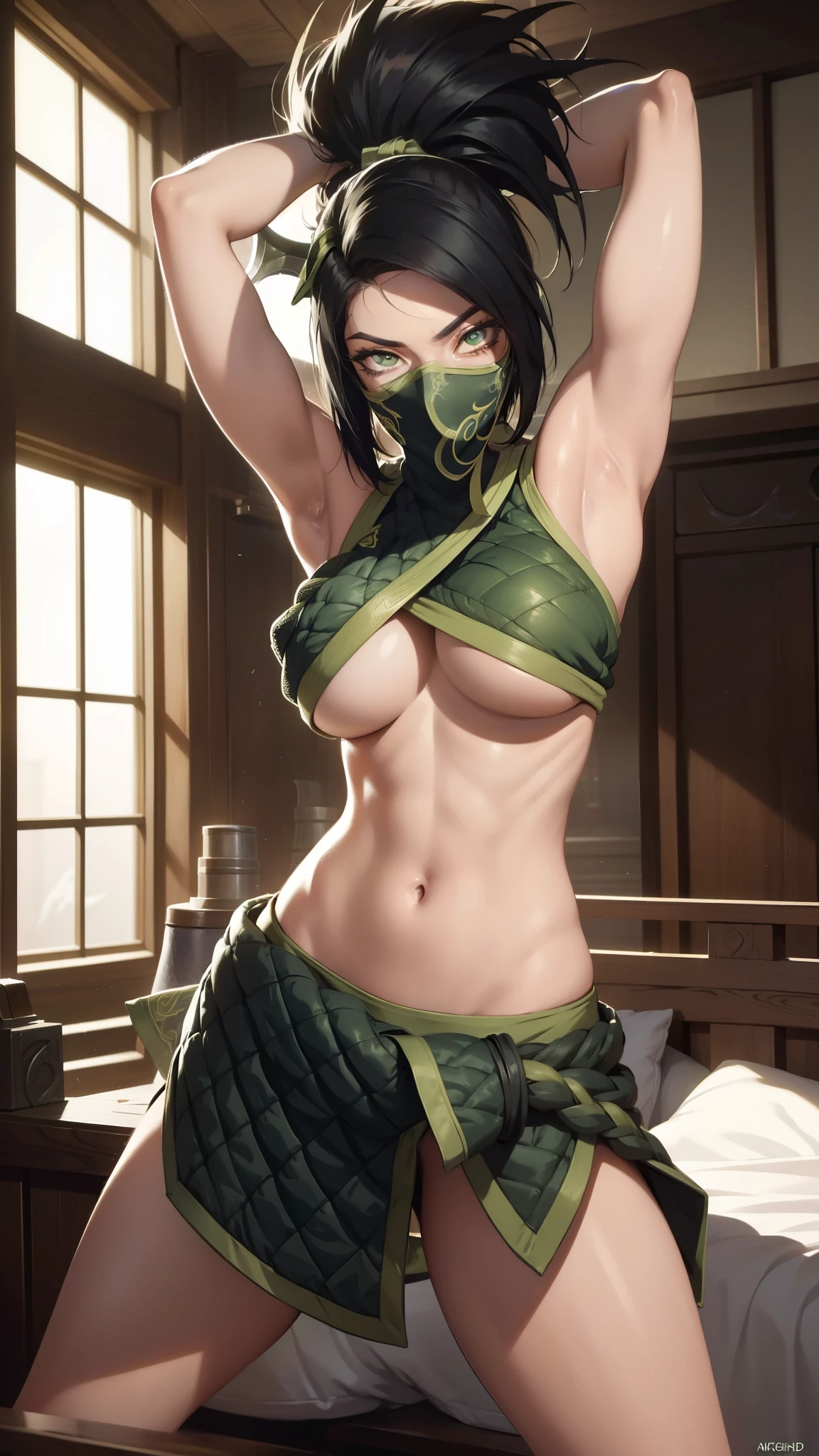 ((best quality)), (Highest image quality) (Detailed eye description) ((masterpiece)) (((akali)), 1girl, (((league of legends))), ((detailed: face)) solo, ((muscular)), looking at viewer, abs, mask, from below, navel, angry eyes, low camera angle, perfect anatomy, cuddling in bed, in bed, mask, raised arms, laying in bed, underboob, wide hips, large breasts, toned body, shredded