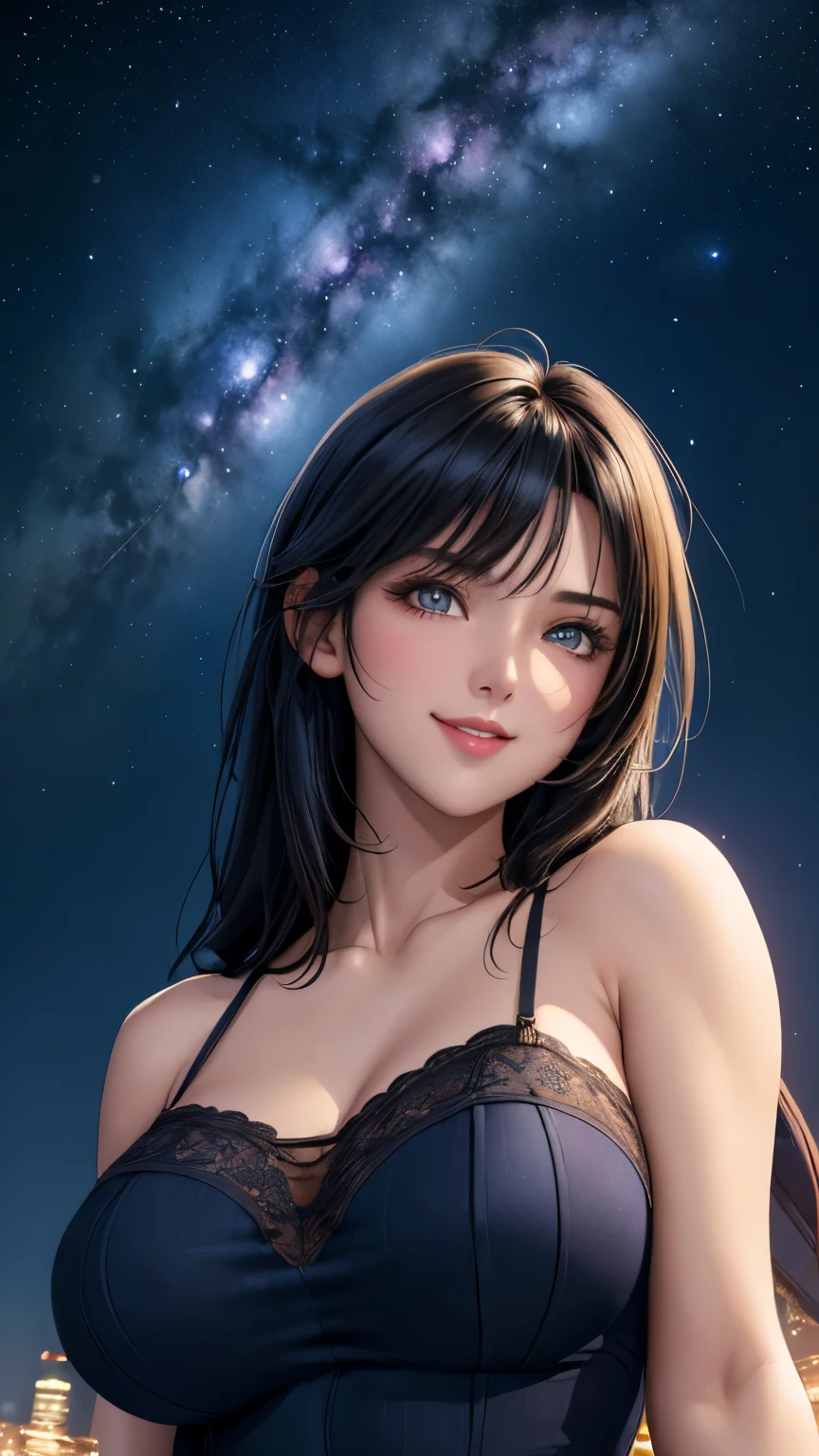 (masterpiece), (best quality), 1girl, (perfect face:1.2), (beautiful face:1.2), black hair, (from below, upper body:1.3), happy, light smile, looking at viewer, pose, see-through, outdooridnight, night sky, milky way), intricate, depth of field, cinematic lighting,
