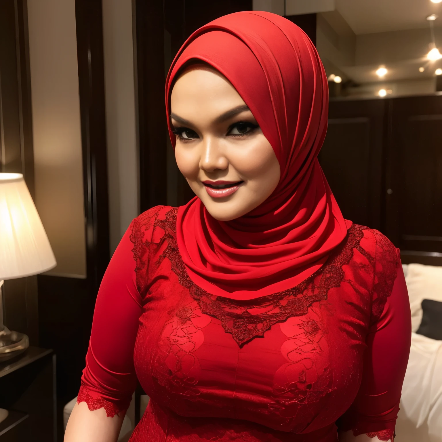 (Red Dark Hijab) Siti Nurhaliza Malaysian Actress 55-Years-Old, (lace TANK top at river)
