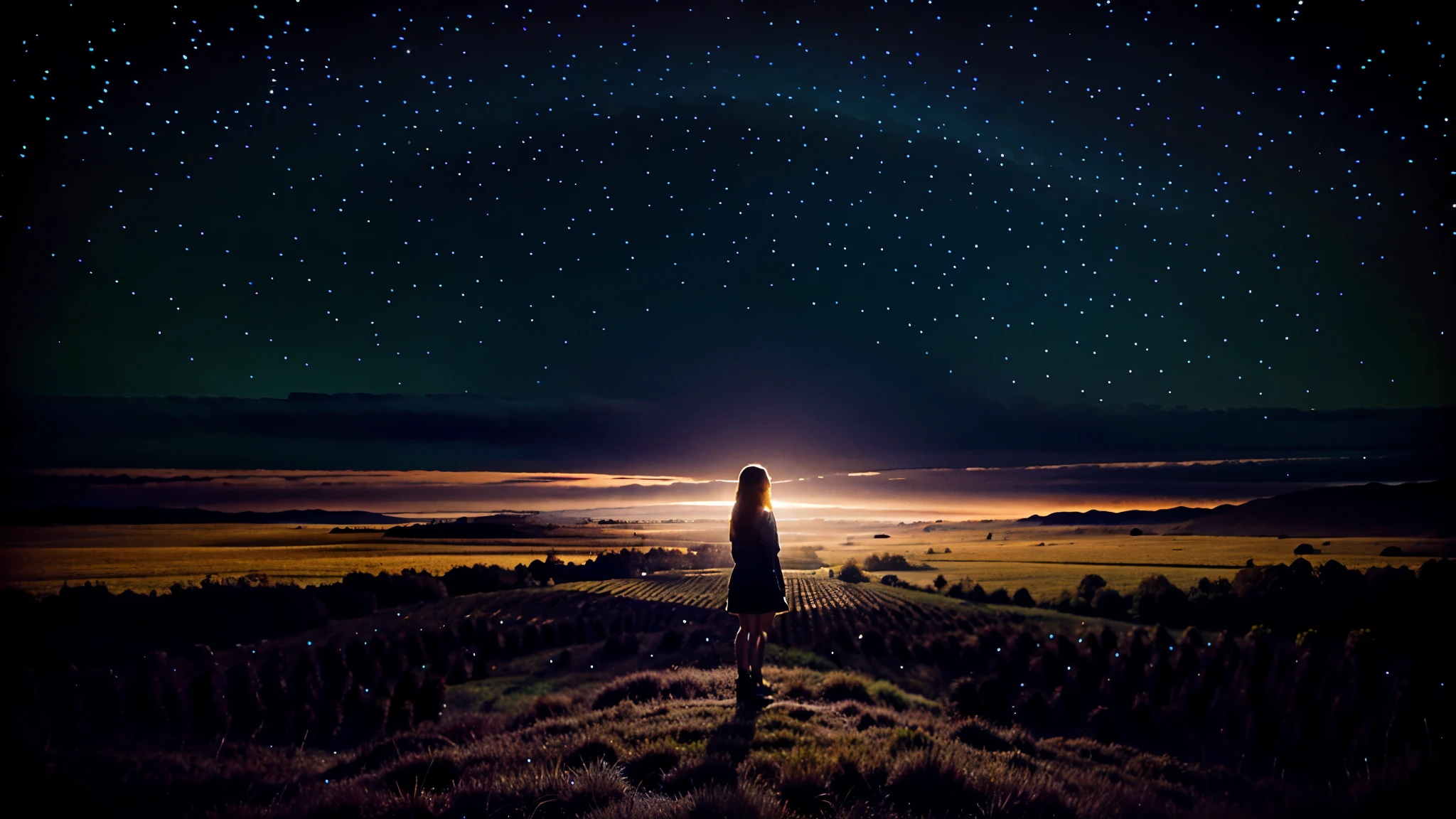 A landscape , with the night sky , open fields, with chill wive , a cute ****** girl standing