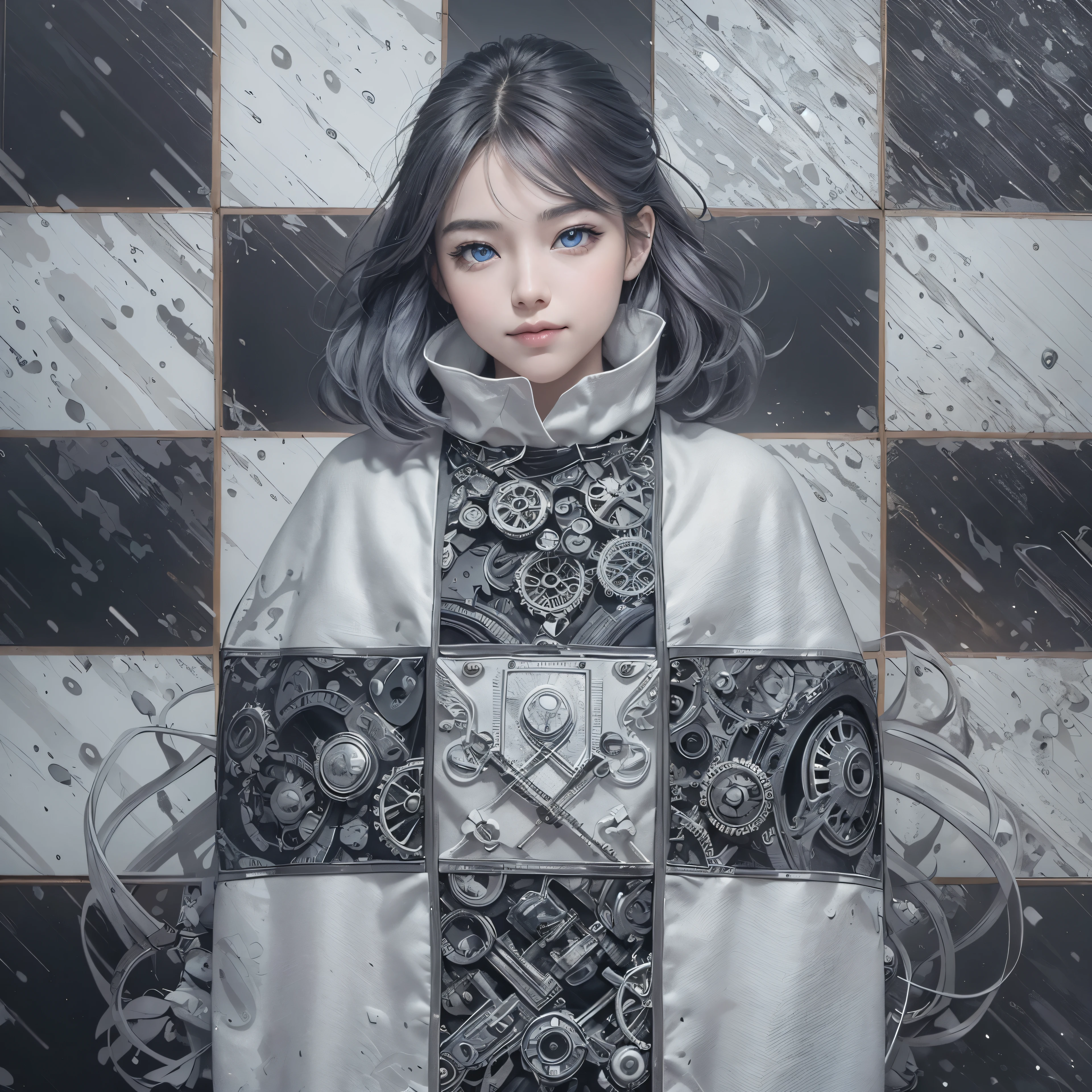 (Realistic:1.8), (Digital art:0.2), (Gear art:1.7),(agpi official art, beautiful and aesthetic, ultra detailed, beautiful, masterpiece, best quality:1.6), (1girl:1.2), Detailed face, Detailed eyes, Detailed hair, young fingers, Detailed fingers, five fingers BREAK cute ig model, Japanese cute model, 22 years old, Tightened all body, small head, small face, small mouth, diamond Face, small nose, Sharp Faceline, (dropy eyes, Double eyelid, Blue eyes, Glossy eyes, Shiny eyes:1.2), Shiny skin, shiny hair, (gray hair:1.2),
_
BREAK (happy, smile, Teeth, Glossy Lip:1.2),beautiful Teeth, (upper body:1.5), sitting, from front,
_
BACKGROUND
(gray urban cityscape with soft lights:1.3), (mist,fog, blurrybackground:1.6), BREAK
POSE
(standing gracefully with arms slightly extended:1.2)BREAK
CAMERA ANGLE
(angled slightly from above, capturing the flowing lines of the poncho:1.2)BREAK
OUTFIT
(fusion of black and white poncho with intricate geometric patterns:1.2), (black skinny jeans:1.1), (ankle boots with subtle pattern details:1.1), (minimalistic silver accessories:1.1)BREAK