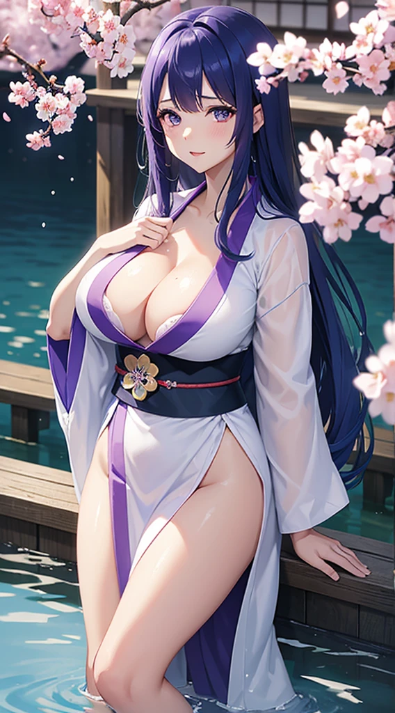 Beautiful woman with big breasts、blue hair、purple eyes、(Cherry blossom pattern)white kimono、wet kimono、wet hair、water droplets、embarrassed face、(evening)Japanese garden、long hair down to the waist、Opened kimono、