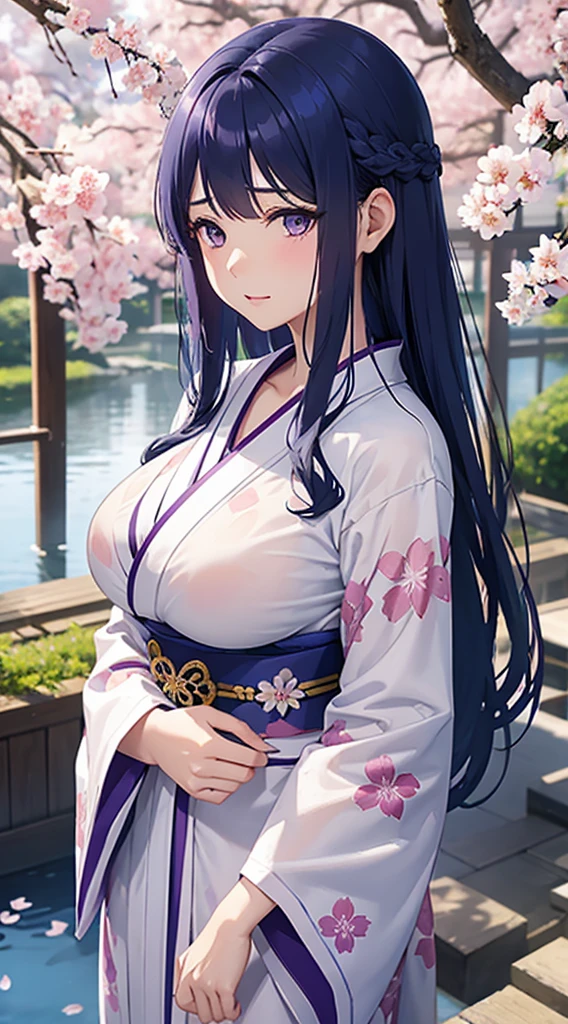 Beautiful woman with big breasts、blue hair、purple eyes、（Cherry blossom pattern）white kimono、wet kimono、wet hair、water droplets、embarrassed face、（evening）Japanese garden、long hair down to the waist、Opened kimono、