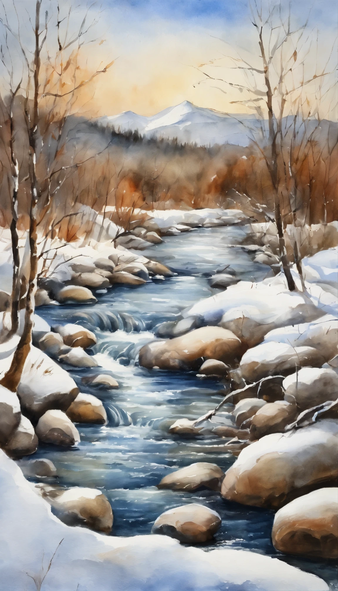winter、river、snow piled up on stones、piled up like mushrooms、blue sky、Few clouds、Clear skies、
