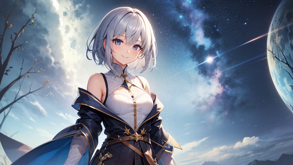super high quality, girl, 20-year-old, とてもshort hair, long bangs between the eyes, very detailed,(masterpiece、highest quality)、alone、gray hair、starry skies、fantasy, silver hair, gray eyes, beautiful eyes,、short hair,blue sky , sunlight,fantasyな風景,smile、I can see your chest