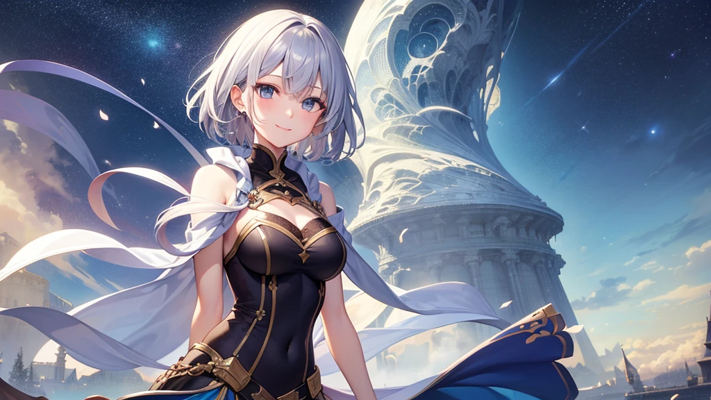 super high quality, girl, 20-year-old, とてもshort hair, long bangs between the eyes, very detailed,(masterpiece、highest quality)、alone、gray hair、starry skies、fantasy, silver hair, gray eyes, beautiful eyes,、short hair,blue sky , sunlight,fantasyな風景,smile、I can see your chest