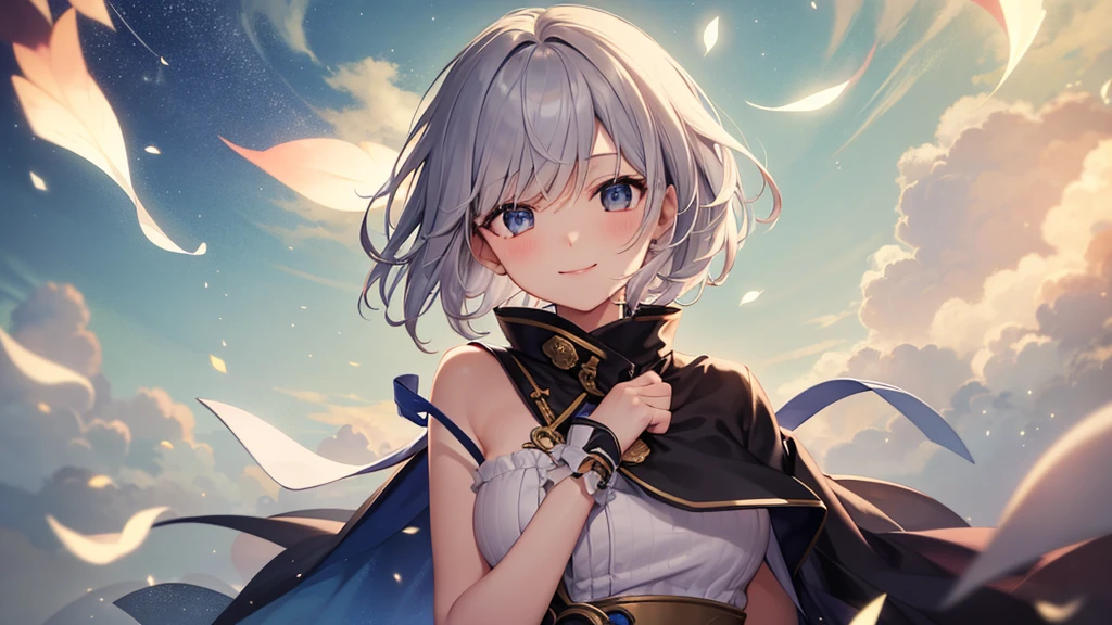 super high quality, girl, 20-year-old, とてもshort hair, long bangs between the eyes, very detailed,(masterpiece、highest quality)、alone、gray hair、starry skies、fantasy, silver hair, gray eyes, beautiful eyes,、short hair,blue sky , sunlight,fantasyな風景,smile、I can see your chest