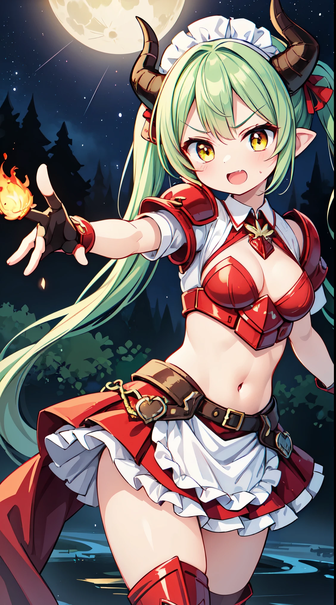 (masterpiece, top quality, best quality, official art, beautiful and aesthetic:1.2),ultra-detailed,intricate details,amazing illustration,award-winning art,atmospheric, 
BREAK, 1 beautiful girl,(17 yrs old girl),Solo,(cute:1.5),(chibi:0.6),(kawaii:1.5),(loli:0.5), BREAK,:d,(twintail, green hair, horns, long hair:1.35),(yellow eyes, double, slanted eyes slanted eyes:1.25),blush,double teeth,((D cup breasts))),heart,gaze,maid,/maid dragon/,dragon tail,(long eyelashes, double eyelids, fine eyebrows:1.2),solo,glowing skin,clear skin,beautiful skin,(top quality face),(top quality slanted eyes),maid outfit,gloves,open mouth,short sleeves,smile,white gloves,

BREAK ,(red japanese_armor:1.4),(red armor),(red shoulder armor,red breastplate,red gauntlets,red greaves,red long boots),(black full bodysuit),black abs,(body made of liquid metal),(holding spell_card:1.4),flame effect,(red eyes) ,(angry),(fighting stance:1.3),(attack motion:1.1), dynamic angle, (dynamic pose:1.4),cowboy shot,reflection water surface,full moon,(((in night sky ,starry sky))), Beautiful river in forest, Fantastic Scenery

BREAK,wakame,wakame,wakame,(Cowboy Shot:1.4),

BREAK,(Blurry background:1.3),(absurderes, hight resolution, Super Detail Art),cel shading,Clear Color, Lonely optical effect, Beautiful pictures, Bright glow, mystic atmosphere,(Close-up of girl:1.1), Mystical light particle effect,manga influence, clean line drawings,