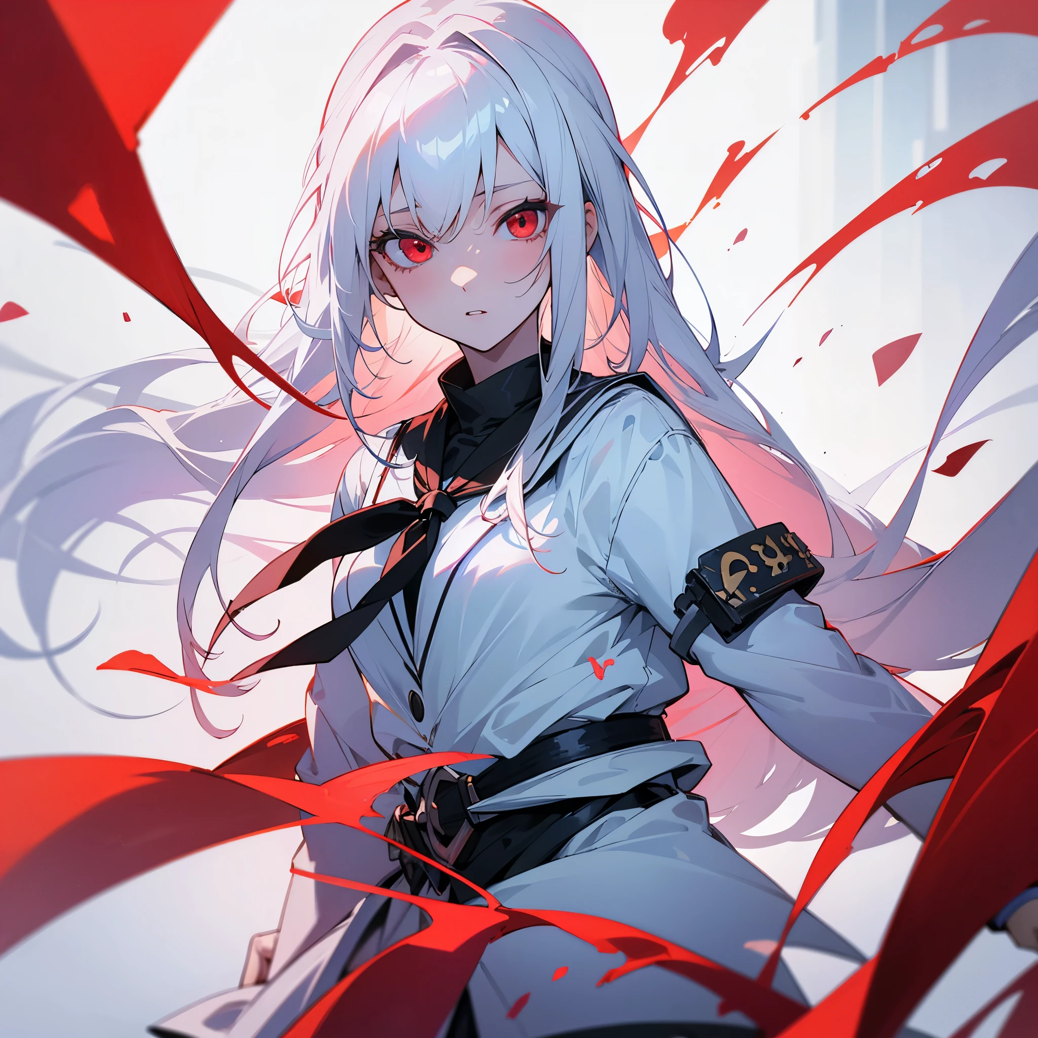 best quality, masterpiece, 4K, 1girl, anime, white hair, white skin, red eyes, menanicing gaze, dangerous, school uniform