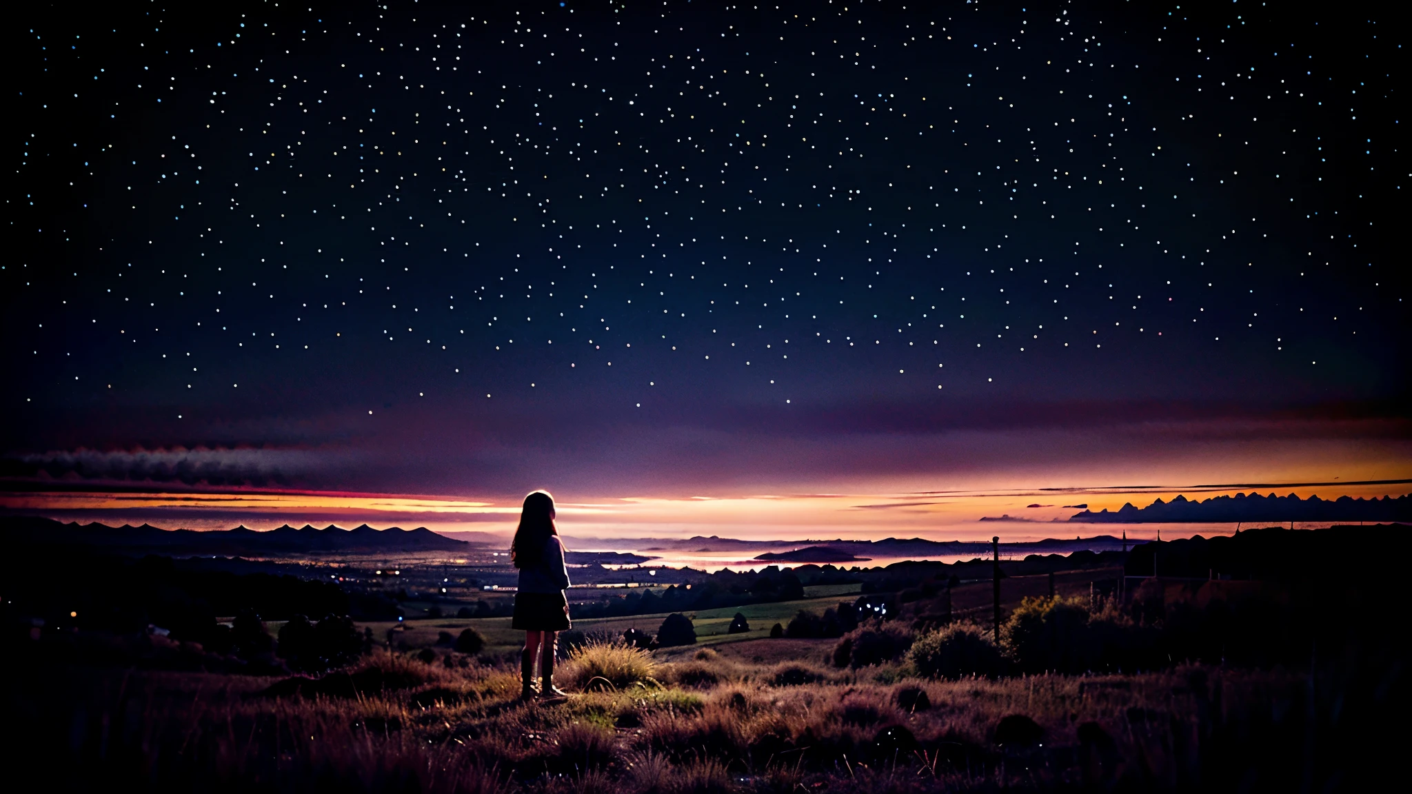 A landscape , with the night sky , open fields, with chill wive , a cute standing