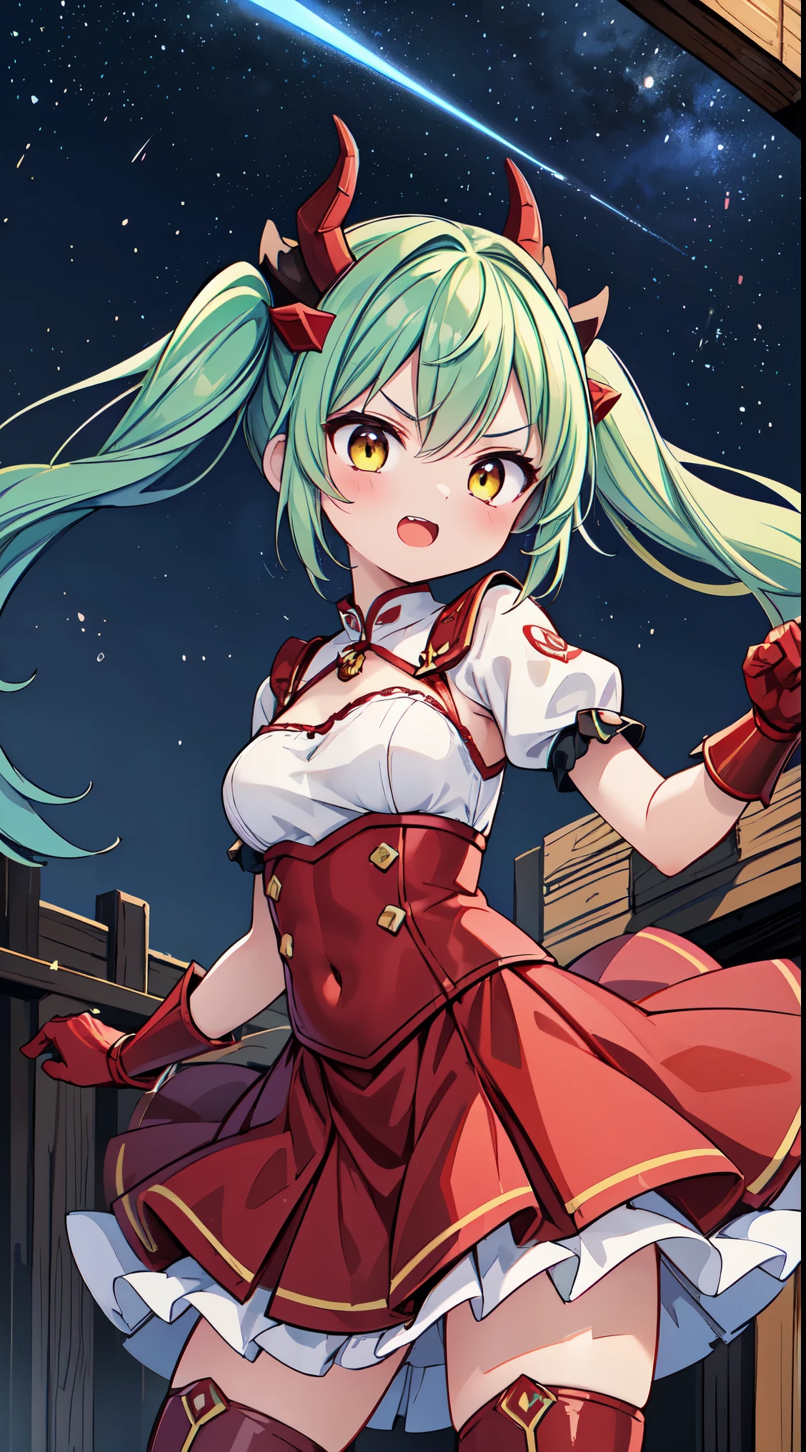 ultra-detailed, high resolution,(incredibly absurdness) ,extremely detailed CG unity 8k wallpaper, ((masterpiece)), ((top-quality)),
BREAK, 1 beautiful girl, (17 year old girl),alone,(cute:1.5),(Little:0.6),(cute:1.5),(change:0.5),break, :d, (twin tails, green hair, horn, long hair:1.35), (yellow eyes, double, slanted eyes:1.45), blush, double teeth, ((D cup breasts))), heart, sight, maid, /maid dragon/, dragon tail, (long eyelashes, double eyelids, thin eyebrows:1.2), alone, glowing skin, beautiful skin, beautiful skin, (highest quality face), (highest quality slanted eyes), maid outfit, gloves, open your mouth, short sleeve, smile, white gloves,(The best smile,smug face:1.45),
BREAK,
luxury red dress, slit, sleeveless,
BREAK,
beautiful detailed face and eyes, smile, blond hair, long hair, straight hair, blue eyes,
BREAK,
stage, (luxury sports car:1.5), standing in front of car, spotlight,
BREAK,wakame,wakame,wakame,(Cowboy Shot:1.4),
BREAK,(Blurry background:1.3),(absurderes, hight resolution, Super Detail Art),cel shading,Clear Color, Lonely optical effect, Beautiful pictures, Bright glow, mystic atmosphere,(Close-up of girl:1.1), Mystical light particle effect,manga influence, clean line drawings,