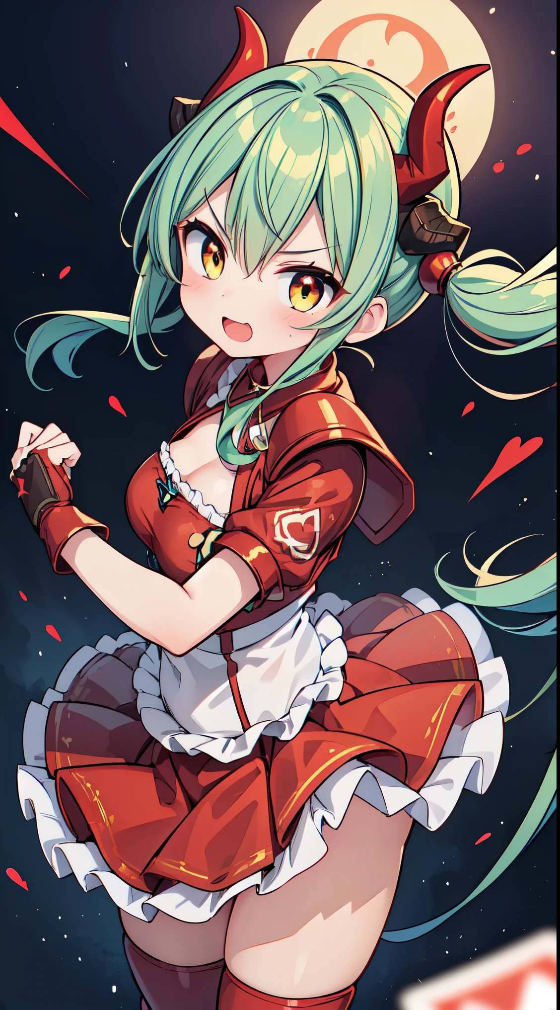 (masterpiece, top quality, best quality, official art, beautiful and aesthetic:1.2),ultra-detailed,intricate details,amazing illustration,award-winning art,atmospheric, 
BREAK, 1 beautiful girl,(17 yrs old girl),Solo,(cute:1.5),(chibi:0.6),(kawaii:1.5),(loli:0.5), BREAK,:d,(twintail, green hair, horns, long hair:1.35),(yellow eyes, double, slanted eyes slanted eyes:1.25),blush,double teeth,((D cup breasts))),heart,gaze,maid,/maid dragon/,dragon tail,(long eyelashes, double eyelids, fine eyebrows:1.2),solo,glowing skin,clear skin,beautiful skin,(top quality face),(top quality slanted eyes),maid outfit,gloves,open mouth,short sleeves,smile,white gloves,

BREAK ,(red japanese_armor:1.4),(red armor),(red shoulder armor,red breastplate,red gauntlets,red greaves,red long boots),(black full bodysuit),black abs,(body made of liquid metal),(holding spell_card:1.4),flame effect,(red eyes) ,(angry),(fighting stance:1.3),(attack motion:1.1), dynamic angle, (dynamic pose:1.4),cowboy shot,reflection water surface,full moon,(((in night sky ,starry sky))), Beautiful river in forest, Fantastic Scenery

BREAK,wakame,wakame,wakame,(Cowboy Shot:1.4),

BREAK,(Blurry background:1.3),(absurderes, hight resolution, Super Detail Art),cel shading,Clear Color, Lonely optical effect, Beautiful pictures, Bright glow, mystic atmosphere,(Close-up of girl:1.1), Mystical light particle effect,manga influence, clean line drawings,