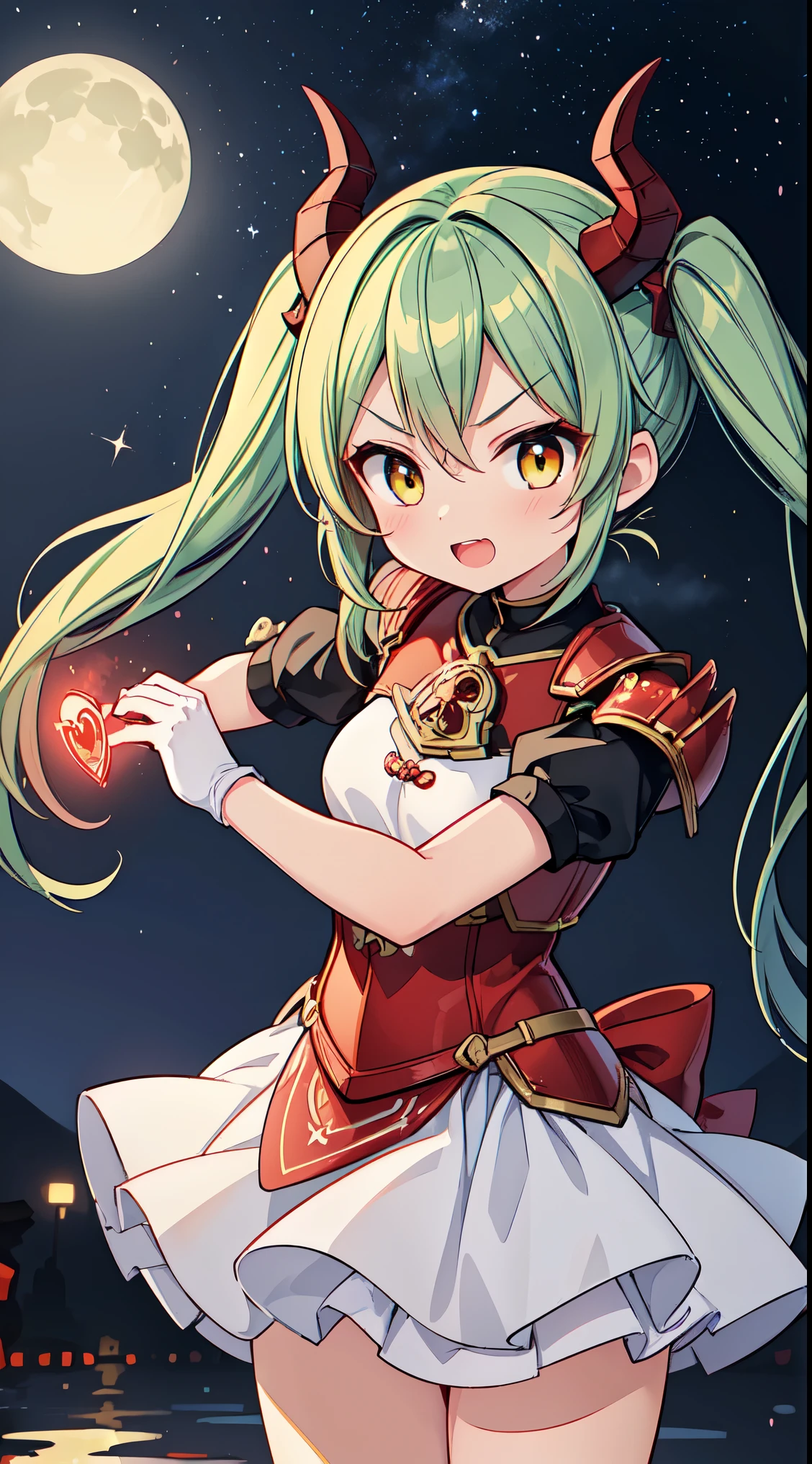 (masterpiece, top quality, best quality, official art, beautiful and aesthetic:1.2),ultra-detailed,intricate details,amazing illustration,award-winning art,atmospheric, 
BREAK, 1 beautiful girl,(17 yrs old girl),Solo,(cute:1.5),(chibi:0.6),(kawaii:1.5),(loli:0.5), BREAK,:d,(twintail, green hair, horns, long hair:1.35),(yellow eyes, double, slanted eyes slanted eyes:1.25),blush,double teeth,((D cup breasts))),heart,gaze,maid,/maid dragon/,dragon tail,(long eyelashes, double eyelids, fine eyebrows:1.2),solo,glowing skin,clear skin,beautiful skin,(top quality face),(top quality slanted eyes),maid outfit,gloves,open mouth,short sleeves,smile,white gloves,

BREAK ,(red japanese_armor:1.4),(red armor),(red shoulder armor,red breastplate,red gauntlets,red greaves,red long boots),(black full bodysuit),black abs,(body made of liquid metal),(holding spell_card:1.4),flame effect,(red eyes) ,(angry),(fighting stance:1.3),(attack motion:1.1), dynamic angle, (dynamic pose:1.4),cowboy shot,reflection water surface,full moon,(((in night sky ,starry sky))), Beautiful river in forest, Fantastic Scenery

BREAK,wakame,wakame,wakame,(Cowboy Shot:1.4),

BREAK,(Blurry background:1.3),(absurderes, hight resolution, Super Detail Art),cel shading,Clear Color, Lonely optical effect, Beautiful pictures, Bright glow, mystic atmosphere,(Close-up of girl:1.1), Mystical light particle effect,manga influence, clean line drawings,