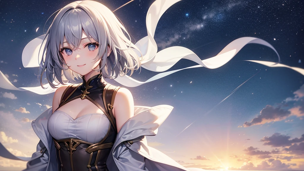 super high quality, girl, 20-year-old, とてもshort hair, long bangs between the eyes, very detailed,(masterpiece、highest quality)、alone、gray hair、starry skies、fantasy, silver hair, gray eyes, beautiful eyes,、short hair,blue sky , sunlight,fantasyな風景,smile、I can see your chest、white coat