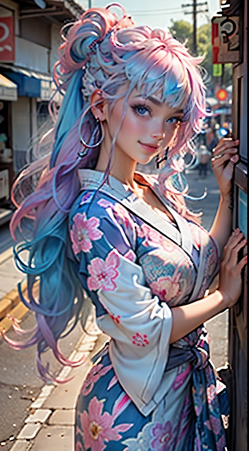 (masterpiece), (((highest quality)), (super detailed), 1 girl, (iridescent hair, colorful hair, half blue and half pink hair: 1.2), 17 years old, (yukata: 1.2), outdoor, bangs, smile, sky blue eyes, perfect hands, perfect hands, hand details, corrected fingers. Earrings, Night Store + Background, looking_at_viewer, Cowboy Shot, Top Quality, Rich Detail, Perfect Image Quality,