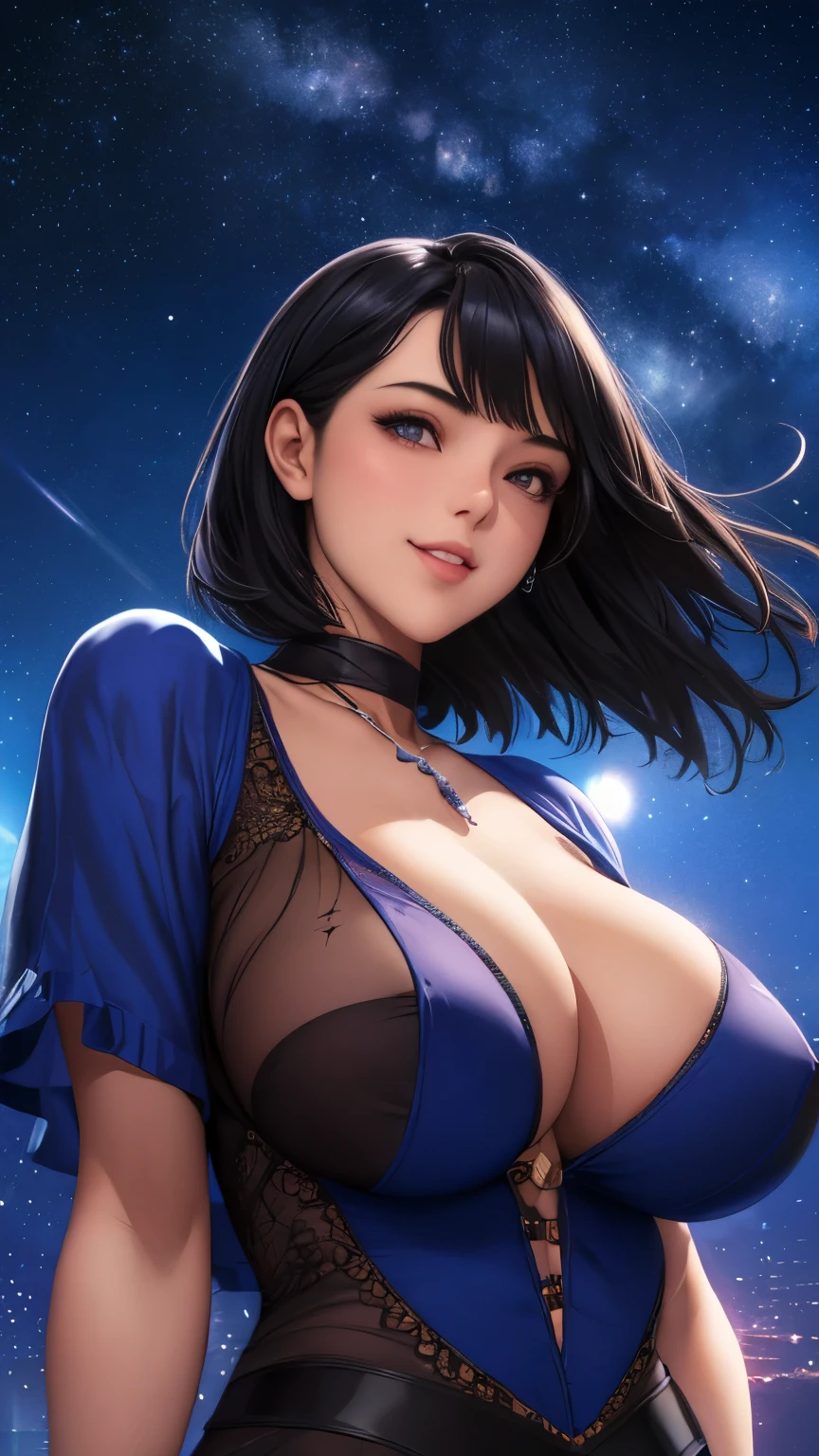 (masterpiece), (best quality), 1girl, (perfect face:1.2), (beautiful face:1.2), black hair, (from below, upper body:1.3), happy, light smile, looking at viewer, pose, see-through, outdooridnight, night sky, milky way), intricate, depth of field, cinematic lighting,