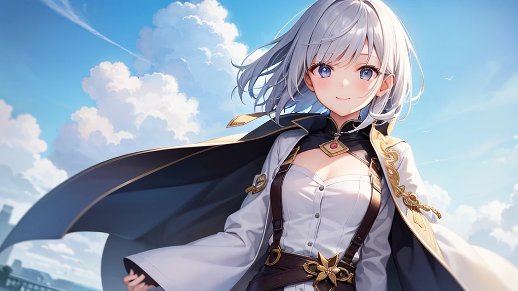 super high quality, girl, 20-year-old, とてもshort hair, long bangs between the eyes, very detailed,(masterpiece、highest quality)、alone、gray hair、fantasy, silver hair, gray eyes, beautiful eyes,、short hair,blue sky , sunlight,fantasyな風景,smile、I can see your chest、white coat