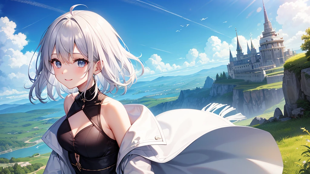 super high quality, girl, 20-year-old, とてもshort hair, long bangs between the eyes, very detailed,(masterpiece、highest quality)、alone、gray hair、fantasy, silver hair, gray eyes, beautiful eyes,、short hair,blue sky , sunlight,fantasyな風景,smile、I can see your chest、white coat