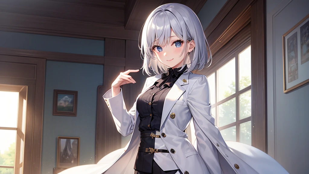 super high quality, girl, 20-year-old, とてもshort hair, long bangs between the eyes, very detailed,(masterpiece、highest quality)、alone、gray hair、fantasy, silver hair, gray eyes, beautiful eyes,、short hair,blue sky , sunlight,fantasyな風景,smile、I can see your chest、white coat