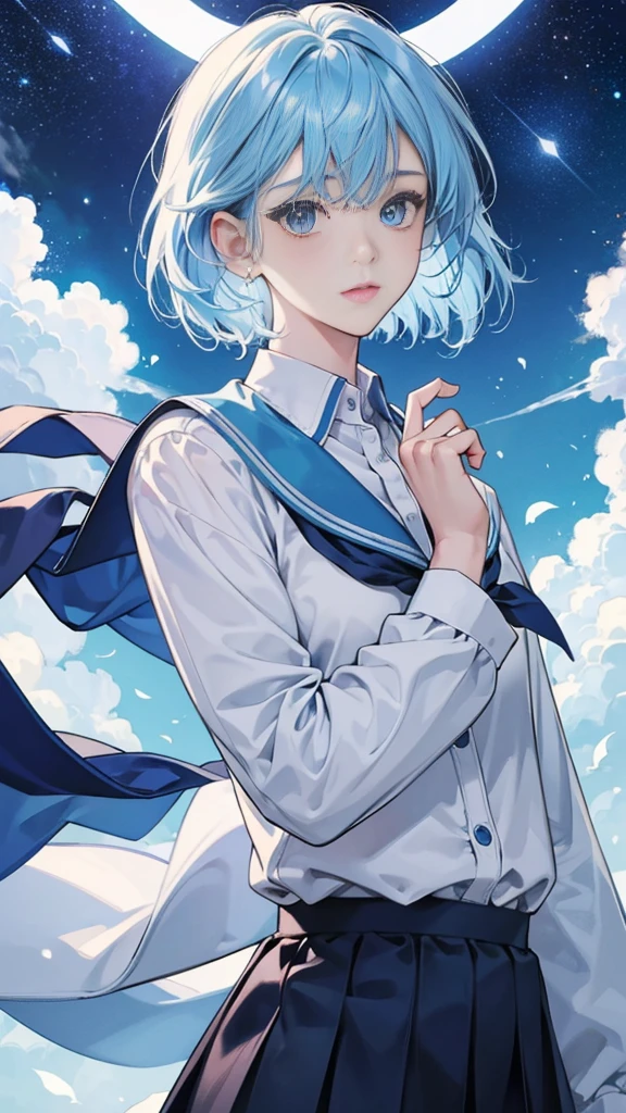 best image quality、highest quality、8K、Upper body、school uniform、thighs、long sleeve、light blue hair、bob hair、blue eyes、starry sky、beautiful eyes
