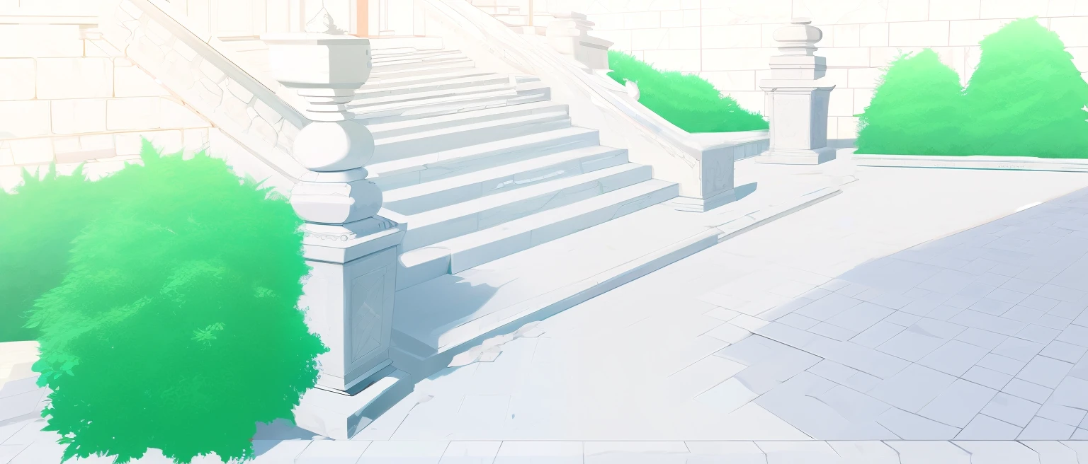 vector style, eurpean architecture, destroyed marble stairs in the center, rubble on the stairs, stone wall, well kept green palace garden with stone path in the middle, very detailed, no buildings, no palace in the center, warm colors of the sky