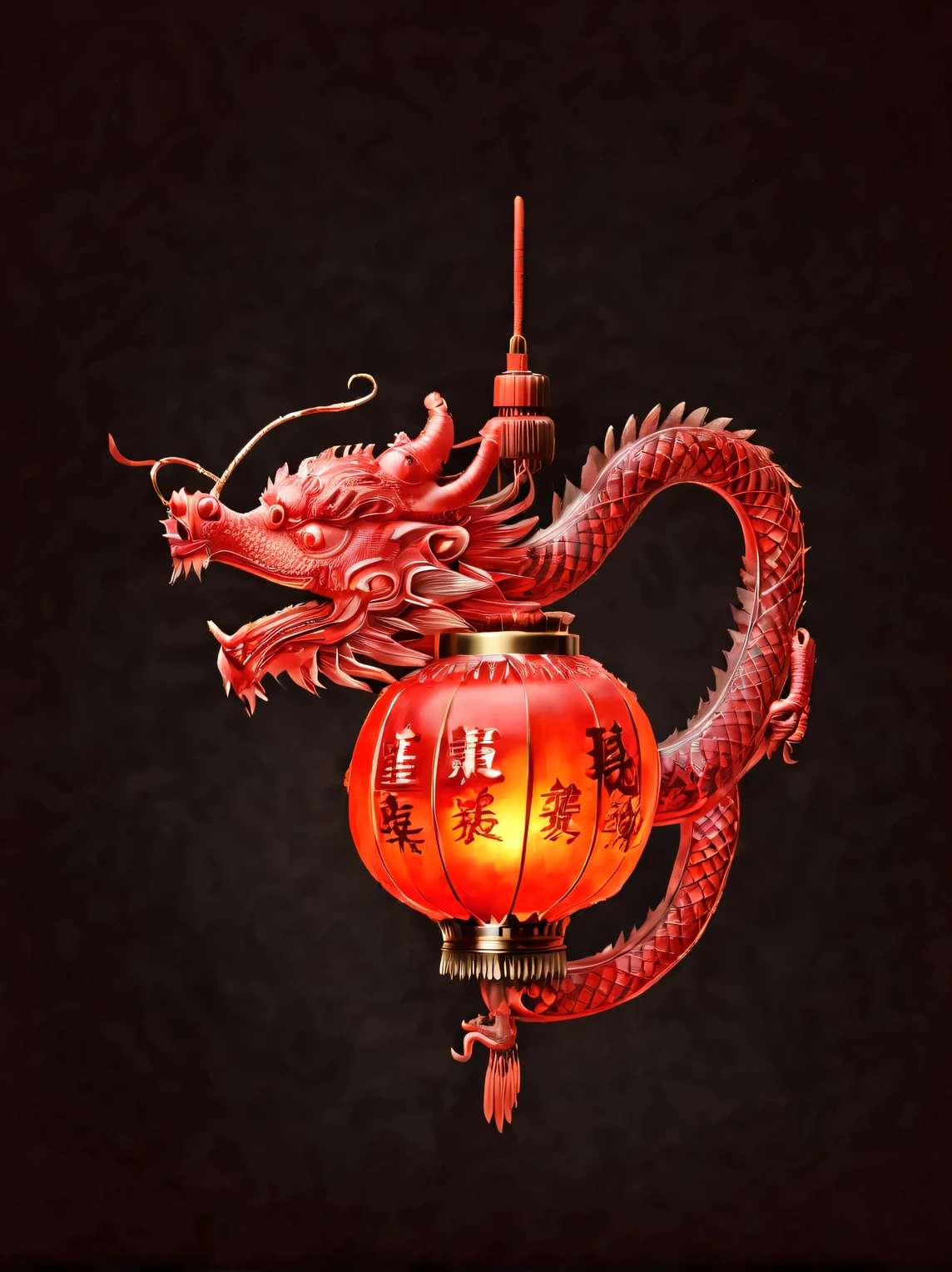 （product design），（Close-up of red lantern in the shape of Chinese dragon head），light，background：black，3D， cutting