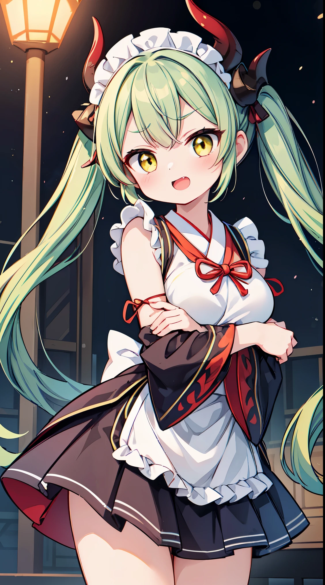 (masterpiece, top quality, best quality, official art, beautiful and aesthetic:1.2),ultra-detailed,intricate details,amazing illustration,award-winning art,atmospheric,
BREAK, 1 beautiful girl,(17 yrs old girl),Solo,(cute:1.5),(chibi:0.6),(kawaii:1.5),(loli:0.5), BREAK,:d,(twintail, green hair, horns, long hair:1.35),(yellow eyes, double, slanted eyes slanted eyes:1.25),blush,double teeth,((D cup breasts))),heart,gaze,maid,/maid dragon/,dragon tail,(long eyelashes, double eyelids, fine eyebrows:1.2),solo,glowing skin,clear skin,beautiful skin,(top quality face),(top quality slanted eyes),maid outfit,gloves,open mouth,short sleeves,smile,white gloves,
BREAK , outdoors shrine heian, night sky, (motion lines motion blur:1.2), (onmyouji:1.8),
BREAK,wakame,wakame,wakame,(Cowboy Shot:1.4),
BREAK,(Blurry background:1.3),(absurderes, hight resolution, Super Detail Art),cel shading,Clear Color, Lonely optical effect, Beautiful pictures, Bright glow, mystic atmosphere,(Close-up of girl:1.1), Mystical light particle effect,manga influence, clean line drawings,