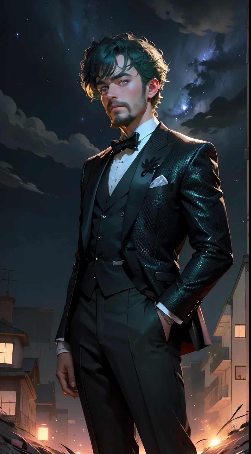meitu, beetlejuice, anime, manga style, alex brightman starring as beetlejuice,1boy, aurora, beard, black bow, black bowtie, bow, bowtie, facial hair, formal, green eyes, green hair, male focus, mustache, night, night sky, realistic, shooting star, sky, solo, space, sparkle, star (sky), starry sky, suit, tuxedo, wlop, guweiz, meitu
