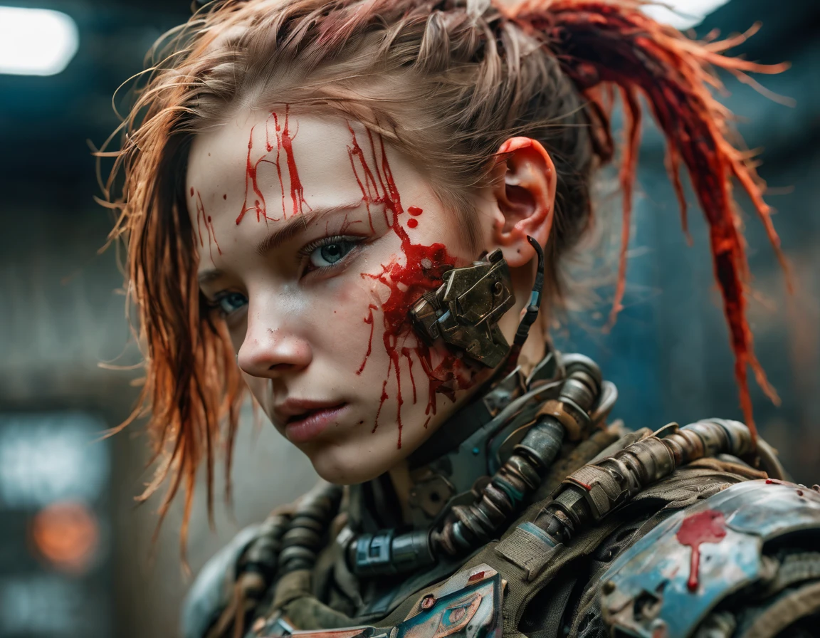 Beautiful hyperrealistic photograph of a perfect likeness of SandraOv4 with Runic tattoos, 13 years old, ((dirty face Blood splattered)), (((wearing full heavy mecha armor, combat harness, Neon highlights))) Short Red Dreadlocks, closeup of head and shoulders with dirty blood covered face and dirty hi tech armor, interior of Military Facility background, Camo netting, Ammo Boxes abstract beauty, near perfection, pure form, Golden Ratio, concept art, By Brian Froud and Carne Griffiths and Wadim Kashin, intricate detail, 8k post-production, High resolution, super Detail, trending on ArtStation, sharp focus, studio photos, intricate detail, Very detailed, By Greg Rutkowski