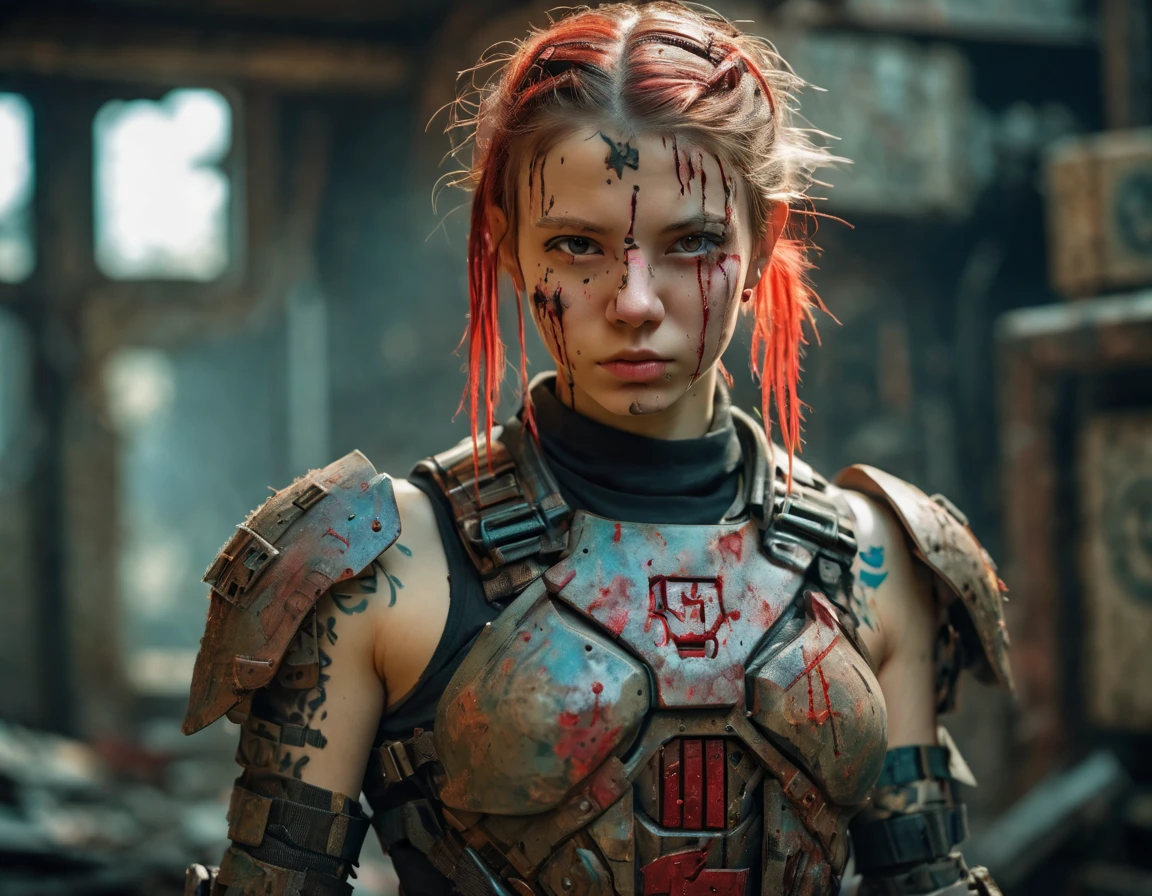 Beautiful hyperrealistic photograph of a perfect likeness of SandraOv4 with Runic tattoos, 13 years old, ((dirty face Blood splattered)), (((wearing full heavy mecha armor, combat harness, Neon highlights))) Short Red Dreadlocks, closeup of head and shoulders with dirty blood covered face and dirty hi tech armor, interior of Military Facility background, Camo netting, Ammo Boxes abstract beauty, near perfection, pure form, Golden Ratio, concept art, By Brian Froud and Carne Griffiths and Wadim Kashin, intricate detail, 8k post-production, High resolution, super Detail, trending on ArtStation, sharp focus, studio photos, intricate detail, Very detailed, By Greg Rutkowski