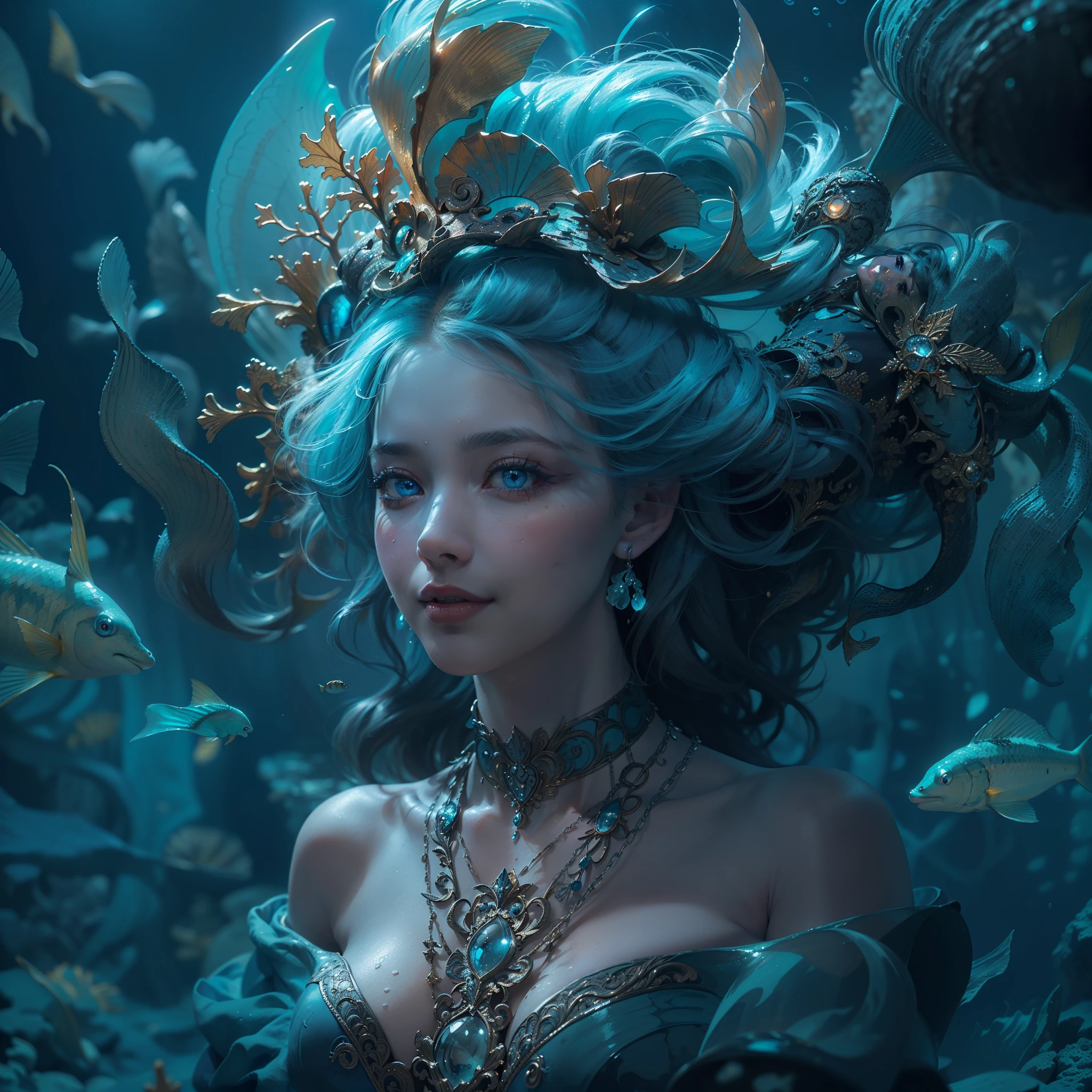 (award-winning masterpiece galore, incredibly detailed, textured and maximally detailed), (full body view:1.6), (hyper realistic:1.4), (realistic:1.3), (upper body close-up:0.4), (top quality realistic textured skin), (((underwater))), (deep sea:) 1.5)), (dark sea at night:1.6)), (detailed true circle symmetrical eye-catching exquisite face, ((medieval world)), (full body view:1.6)), ((mermaid)), ((mermaid princesermaid nobility)), (eyes burning bright and icy)), (she has a naughty smile on her face sunken ship with treasure:1.4), (sunken ship with treasure:1.4), A temple sunken in a coral reef, ancient sunken city, sunken temple, sunken cathedral, sunken temple ruins, sunken detached temple, sunken ruins of an ancient castle, shining majestic water and light, coral reef, (eyes glowing blue in the dark:1.5), (a pair of ice blue eyes with a strong inner blue (pair of ice blue eyes with intense inner blue light:1.5), (bioluminescence:1.5), (full-length view:1.6), (swirling currents and tides in background), (dramatic light), (magnificent scene), (her expression is gentle and beautiful), glass earrings in her ears, (dramatic photo:1.4), ((dramatic pose)), ( (gorgeous photograph), (red hair), (full-length view:1.6), ((looking up)), ((looking down)), (elaborate fine necklace around her neck), (brilliantly glowing bioluminescence:1.3), (using flashy hydromagic:1.2), (beautiful fish around), (glowing magic circle:1.5), (full body view:1.6), epic realistic, faded, art, (greg latkowski:0.8), (teal and orange:0.4), (art station:1.5), cinematic, ((neutral colors)), (HDR:1.5), (subdued colors:1.2), highly detailed, (dramatic light, (complex Dramatic light, (Intricate details:1.1), Intricate background, (Intricate details:1.1), Intricate background, (Intricate details:1.1), (Intricate details:1.1)