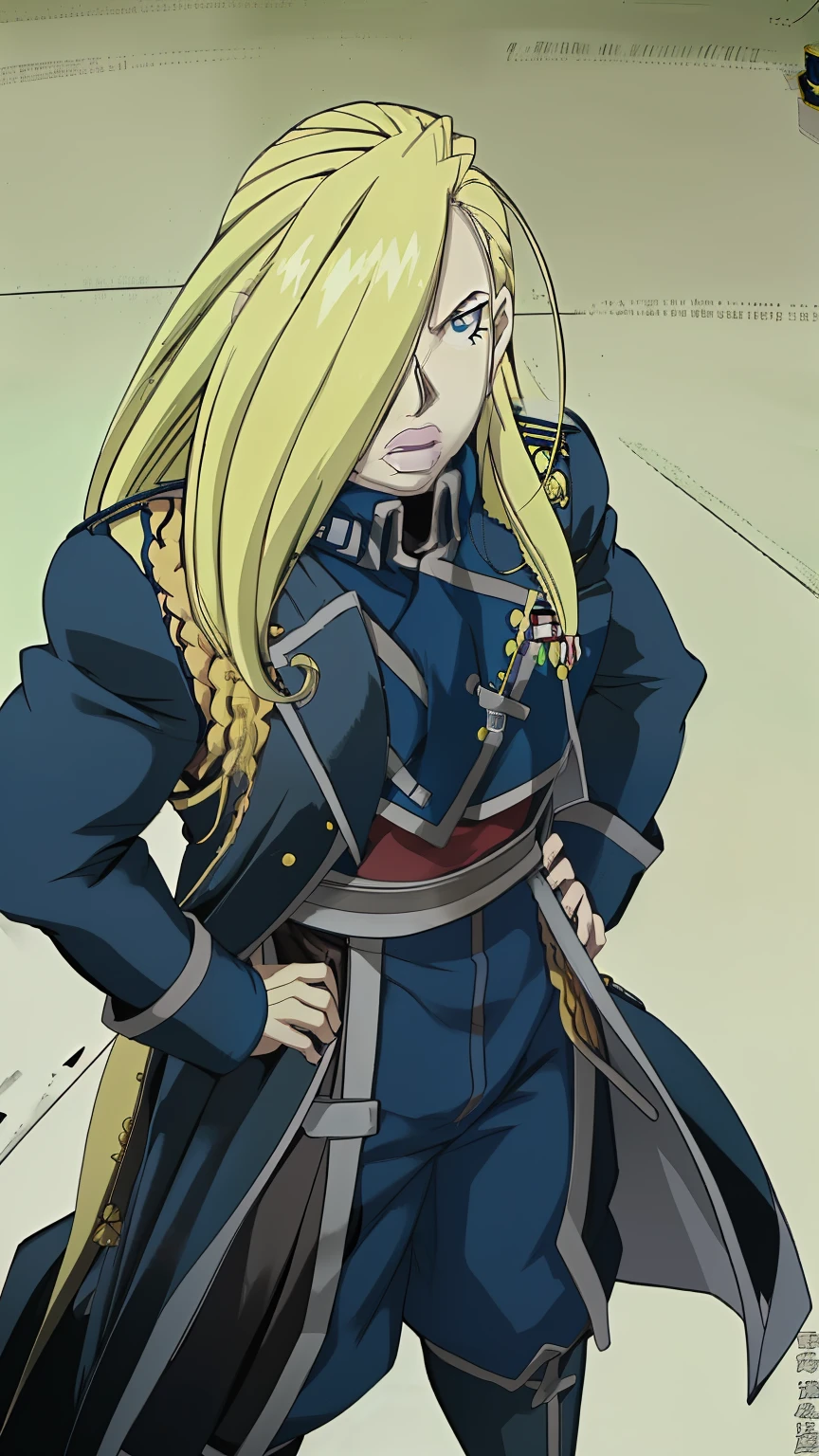 anime, a woman with long blonde hair holding a sword, inspired by Li Chevalier, claymore, holding a sword on her shoulder, elric of melnibone, with large sword, by Jason Teraoka, by Eizan Kikukawa, faay night, fate stay night, fullmetal alchemist, color illustration, alucard，Olivier Mira Armstrong，金色长头发，钢之炼金术师，女少将，军服，军刀，女硬汉，军大衣，女军人，金色长发女军人，女军人，金发女魔头，大姐姐