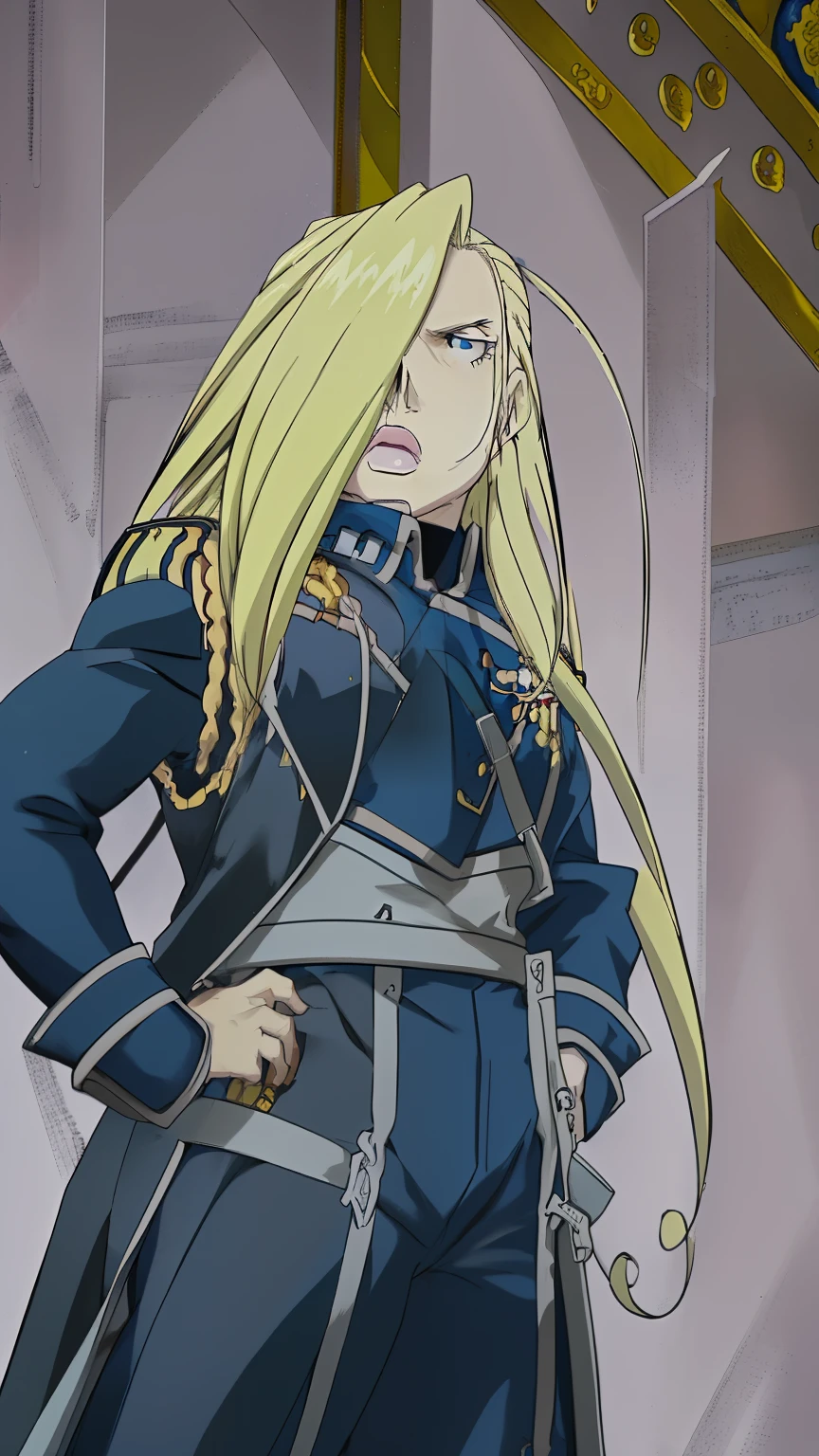 anime character with blonde hair and blue uniform standing in a room, in full metal alchemist, fullmetal alchemist brotherhood, fullmetal alchemist, full metal alchemist, fujita goro!, inspired by Li Chevalier, female anime character, anime character, as an anime character, blue uniform, best anime character design, anime girl named lucy, full body close-up shot，Olivier Mira Armstrong，金色长头发，钢之炼金术师，女少将，军服，军刀，女硬汉，军大衣，女军人，金色长发女军人，女军人，金发女魔头，大姐姐